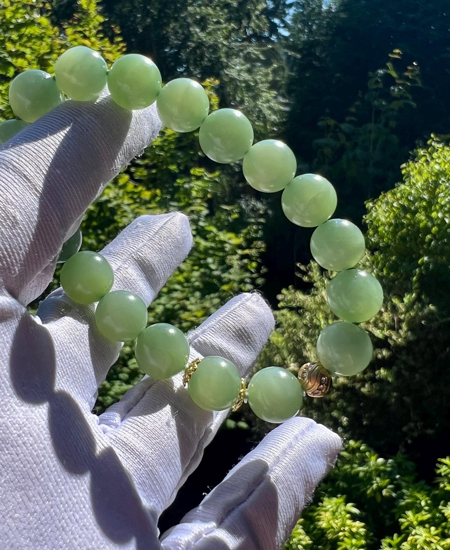 10mm Certified natural nephrite green jade/ chatoyant bluish green nephrite Bracelet天然 碧玉手串 冰糯起莹光 猫眼粉青 #3078