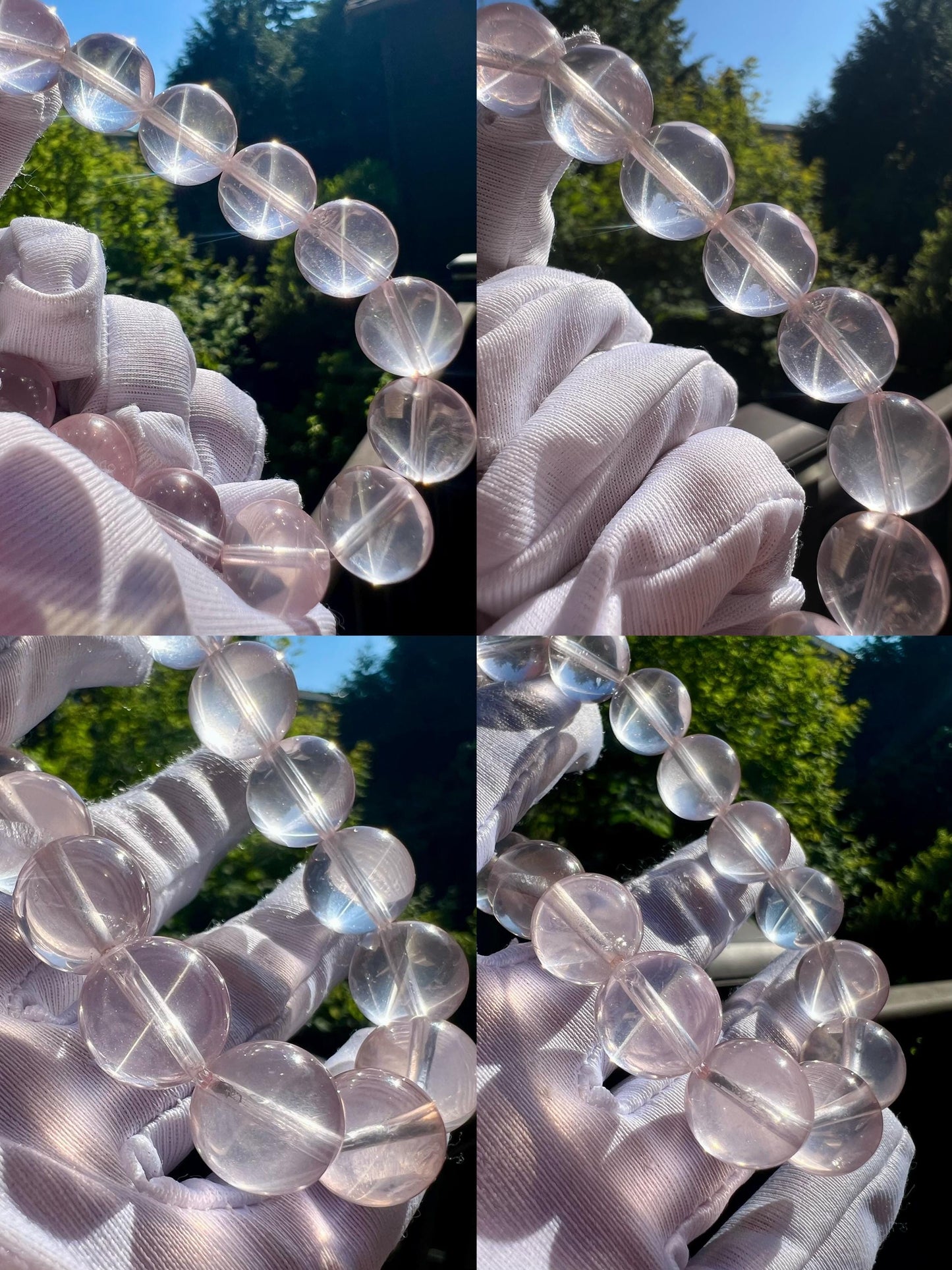 12mm+ Natural starlight Rose Quartz bracelet/ high clarity Mozambique rose quartz/light peach pink color 天然精品 星光莫粉水晶手串 纯净冰透浅桃粉 闪亮六芒星