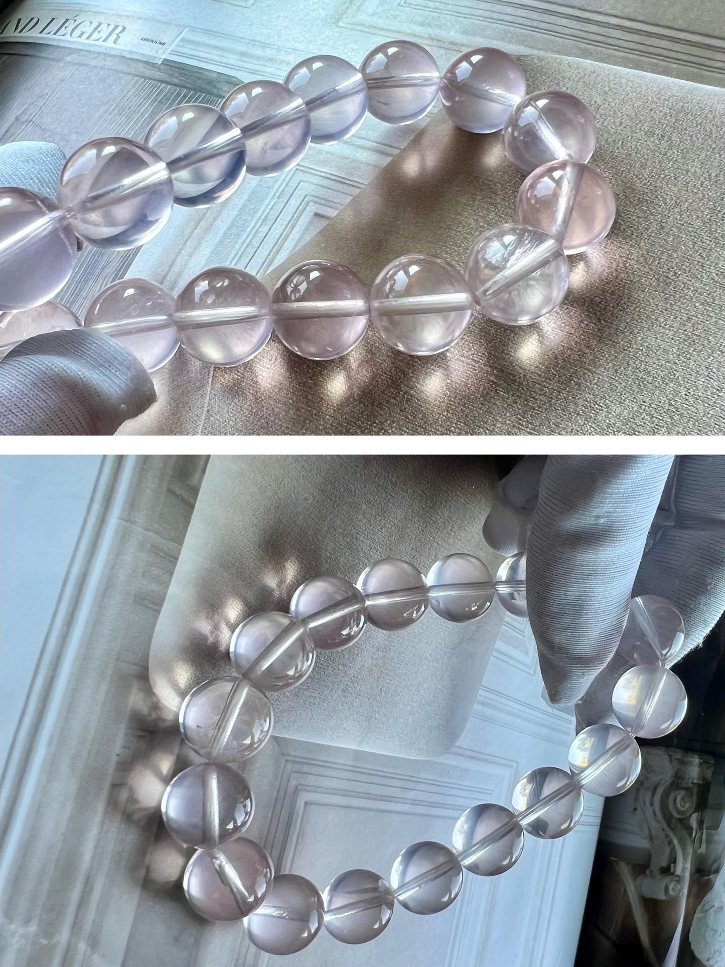 12mm+ Natural starlight Rose Quartz bracelet/ high clarity Mozambique rose quartz/light peach pink color 天然精品 星光莫粉水晶手串 纯净冰透浅桃粉 闪亮六芒星