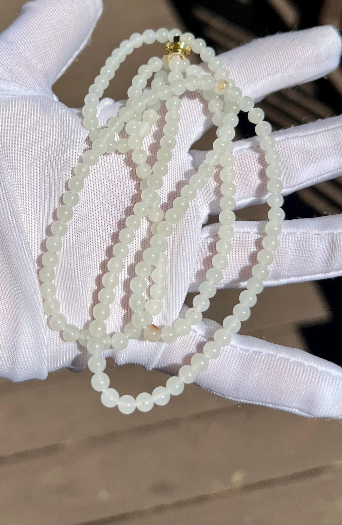 4.2mm Certified natural jade/white nephrite beads necklace/river nephrite天然精品 玉龙河料白玉 项链 万能链 #1388 带天然原皮 油润细白