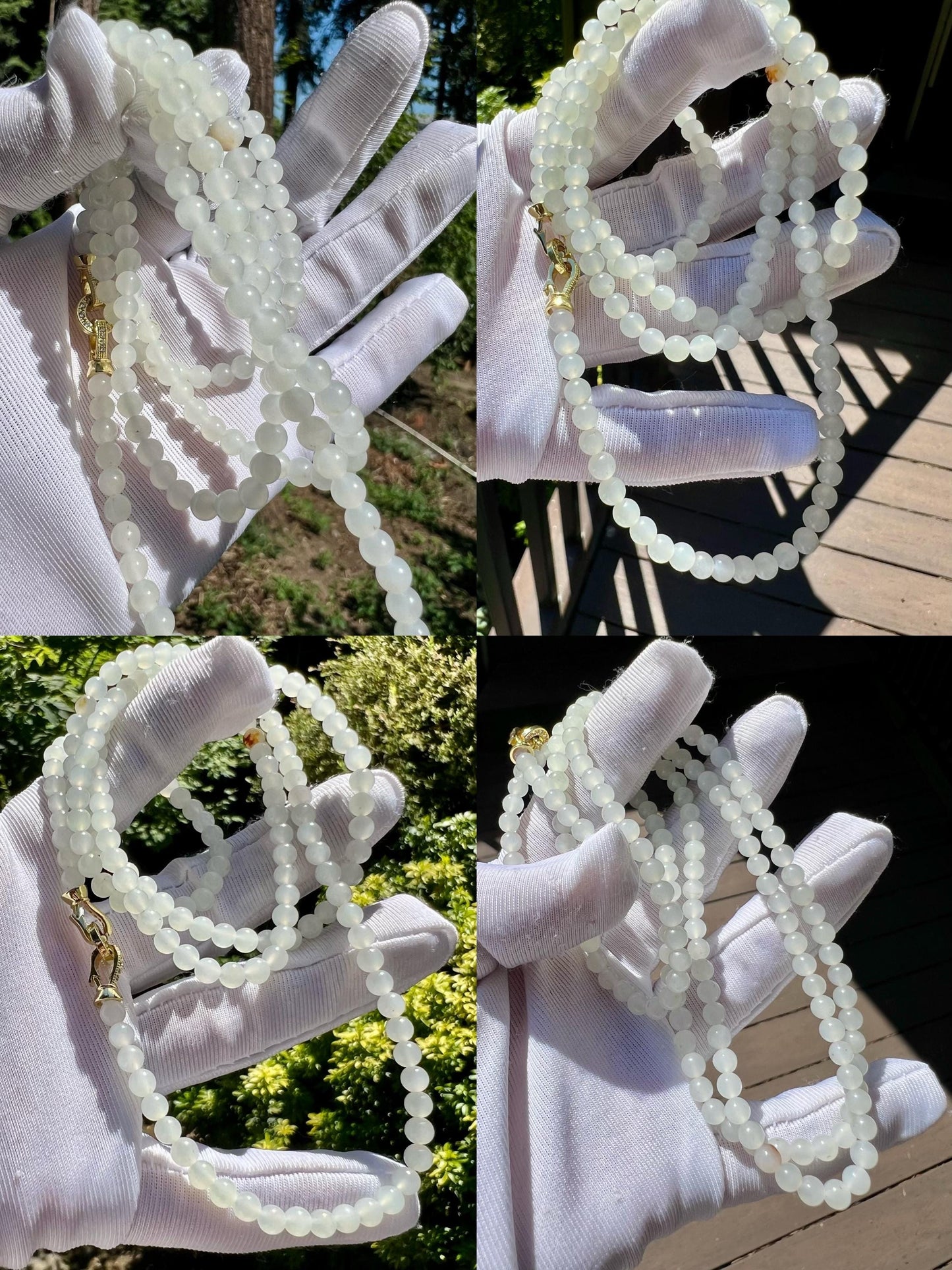 4.2mm Certified natural jade/white nephrite beads necklace/river nephrite天然精品 玉龙河料白玉 项链 万能链 #1388 带天然原皮 油润细白