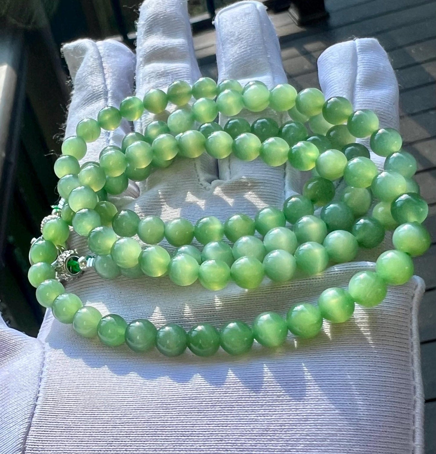 5.8mm Certified natural nephrite green jade/light emerald fruit green nephrite necklace/vivid chatoyant nephrite /天然精品软玉 猫眼碧玉项链/手串#1838