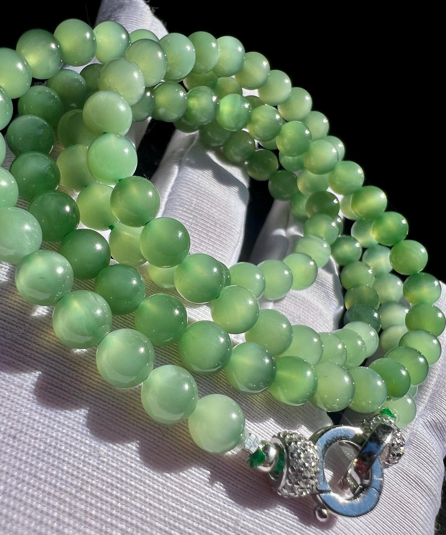 5.8mm Certified natural nephrite green jade/light emerald fruit green nephrite necklace/vivid chatoyant nephrite /天然精品软玉 猫眼碧玉项链/手串#1838