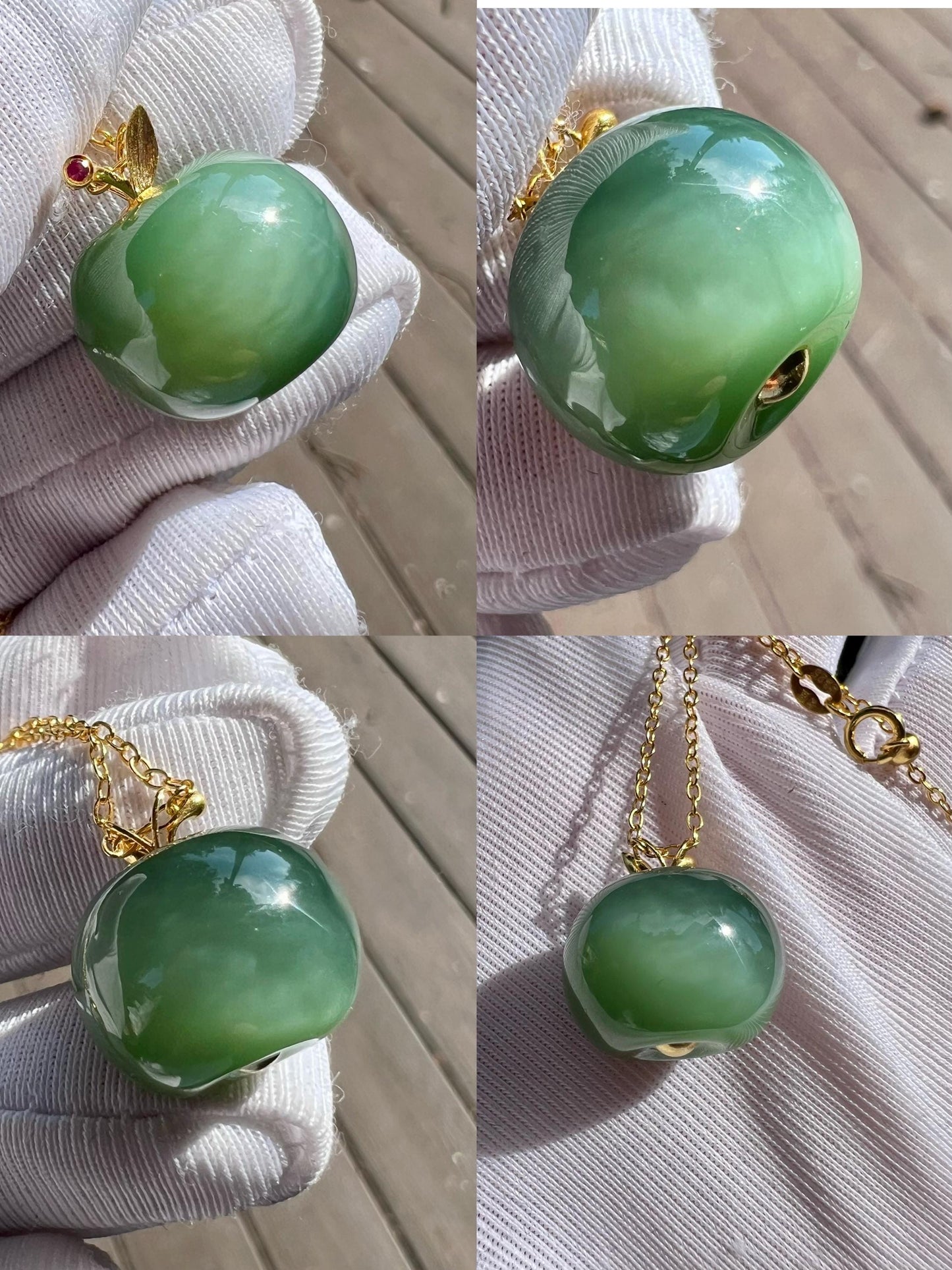 Certified natural nephrite green jade/vivid chatoyant green Nephrite apple pendant/lucky bead pendant/gold 18k天然软玉 碧玉苹果吊坠 猫眼粉青 转运珠#2269 猫眼鲜活