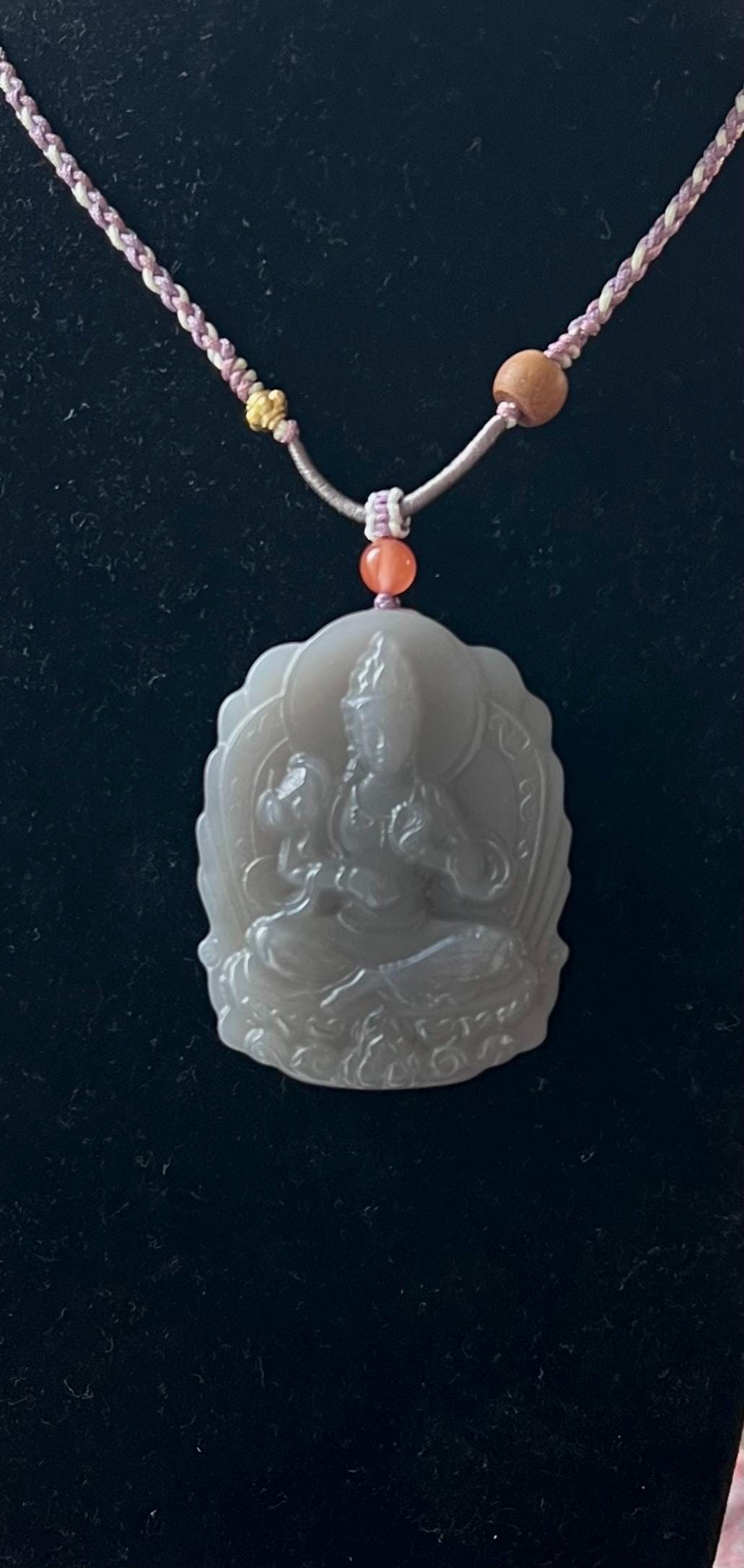 Certified natural purple nephrite carved Guanyin pendant necklace/violet purple nephrite pendant天然精品软玉 青海烟紫玉 紫罗兰色 持莲观音吊坠#0026