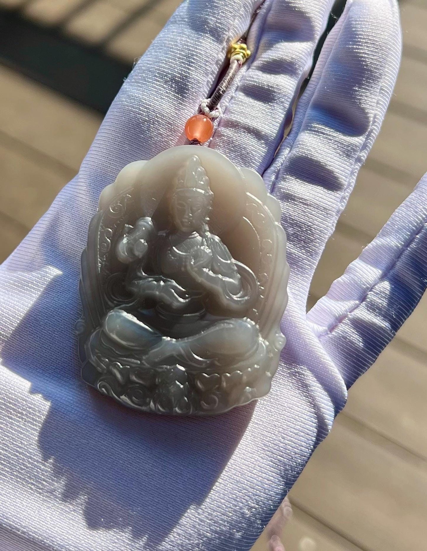 Certified natural purple nephrite carved Guanyin pendant necklace/violet purple nephrite pendant天然精品软玉 青海烟紫玉 紫罗兰色 持莲观音吊坠#0026