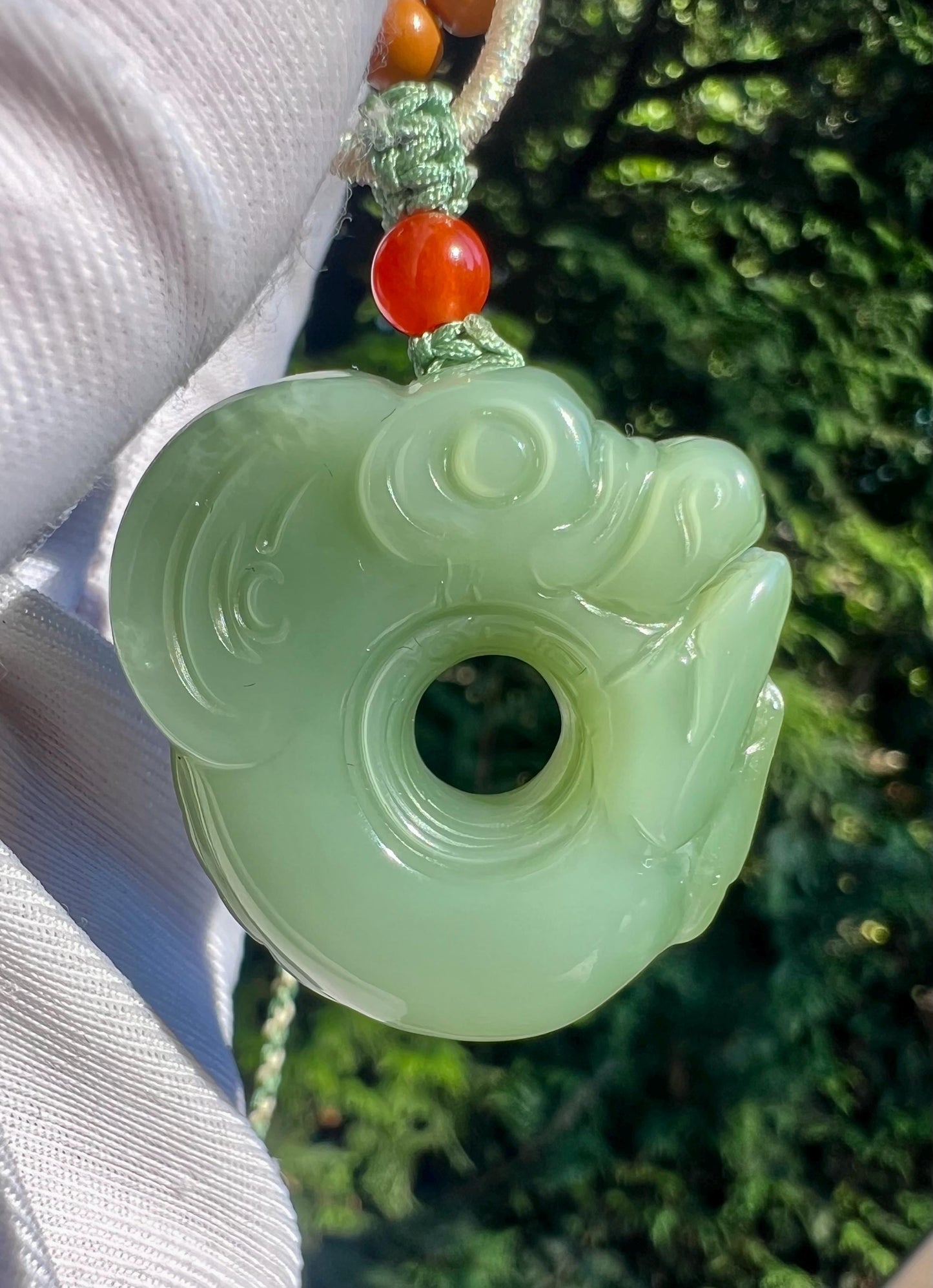Certified natural nephrite green jade/Siberian light bluish green nephrite pig dragon pendant/hand carved jade necklace天然精品软玉 俄料碧玉粉青玉猪龙#4205 无结构 起莹光