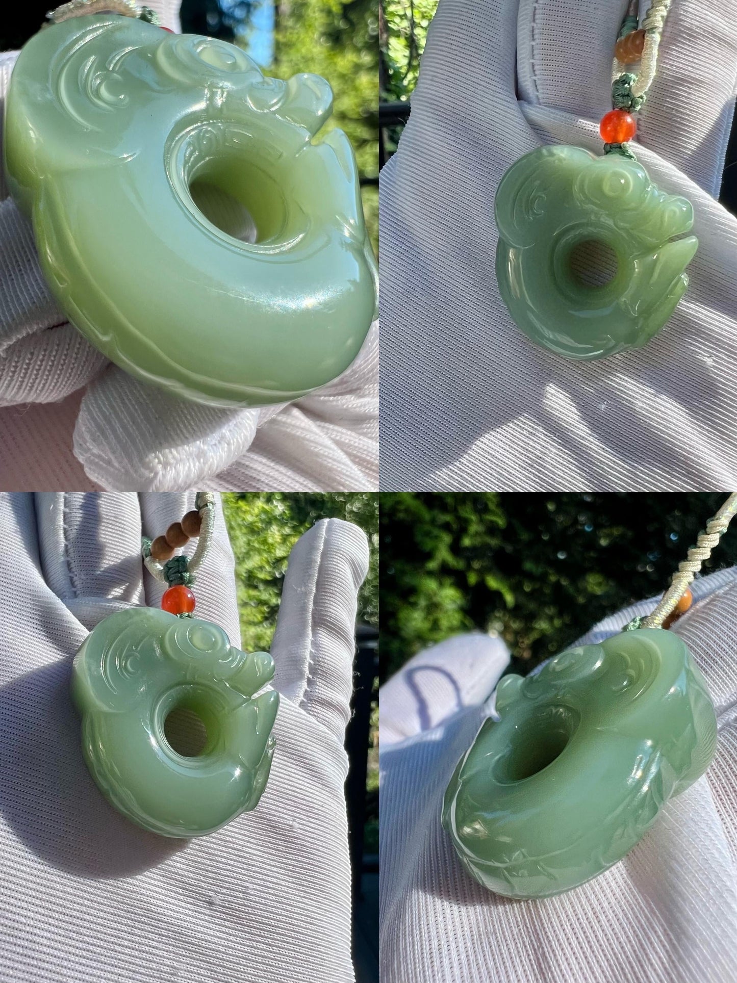 Certified natural nephrite green jade/Siberian light bluish green nephrite pig dragon pendant/hand carved jade necklace天然精品软玉 俄料碧玉粉青玉猪龙#4205 无结构 起莹光