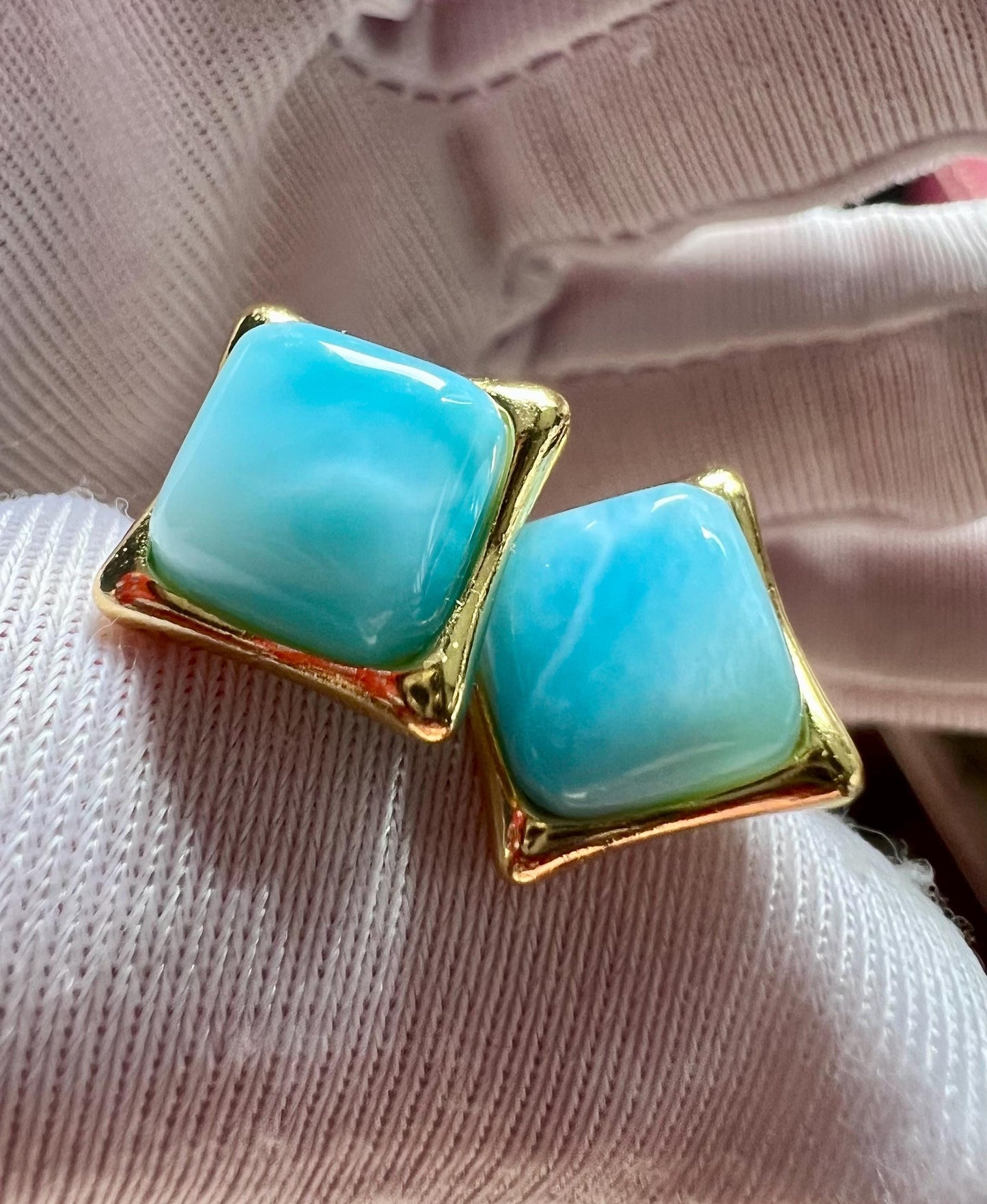 Certified natural Larimar earrings /sea and sky color/square shape stud earrings sterling silver/ 天然海纹石耳钉 耳环 方形切割 波浪纹纯银镶嵌#1053 玉化料