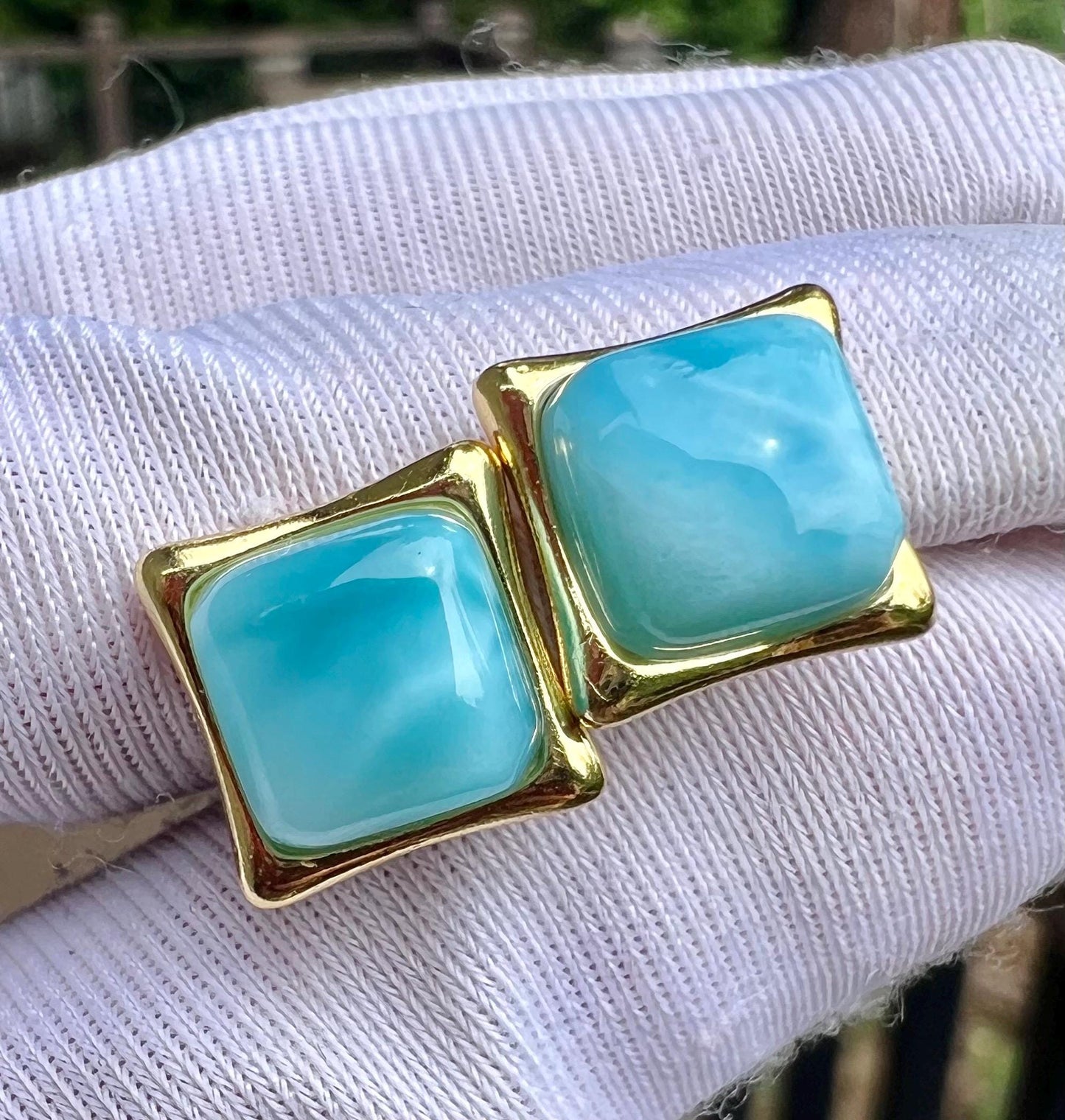 Certified natural Larimar earrings /sea and sky color/square shape stud earrings sterling silver/ 天然海纹石耳钉 耳环 方形切割 波浪纹纯银镶嵌#1053 玉化料