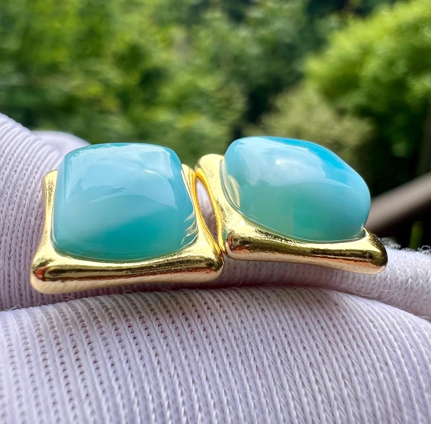 Certified natural Larimar earrings /sea and sky color/square shape stud earrings sterling silver/ 天然海纹石耳钉 耳环 方形切割 波浪纹纯银镶嵌#1053 玉化料
