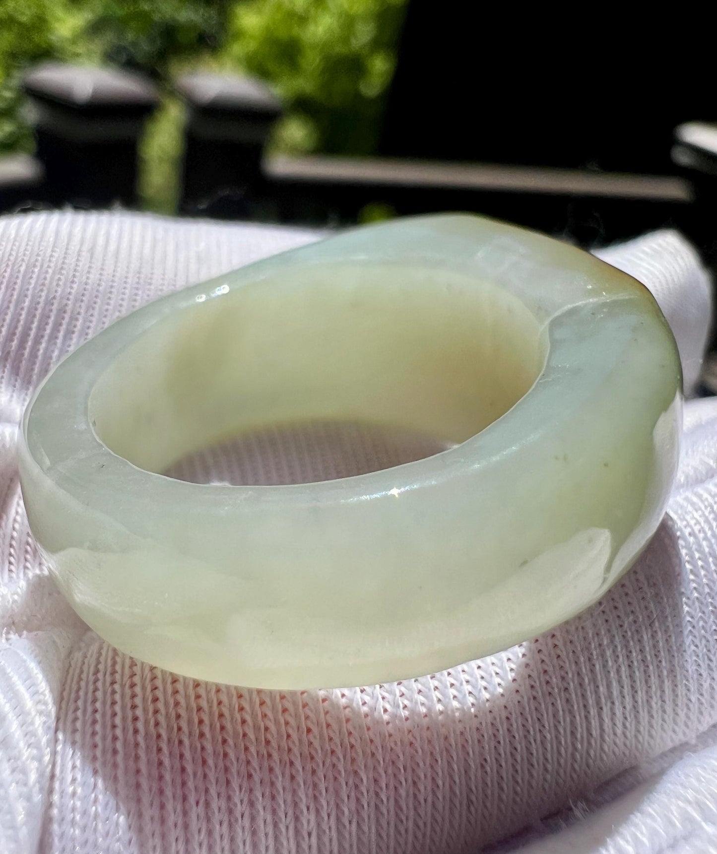 19.2mm Certified natural jade/River bluish white Nephrite ring / nephrite band ring 天然软玉 高青白子料扳指 指环/戒圈 马鞍戒#4202 US size 8 3/4 枣红原皮毛孔