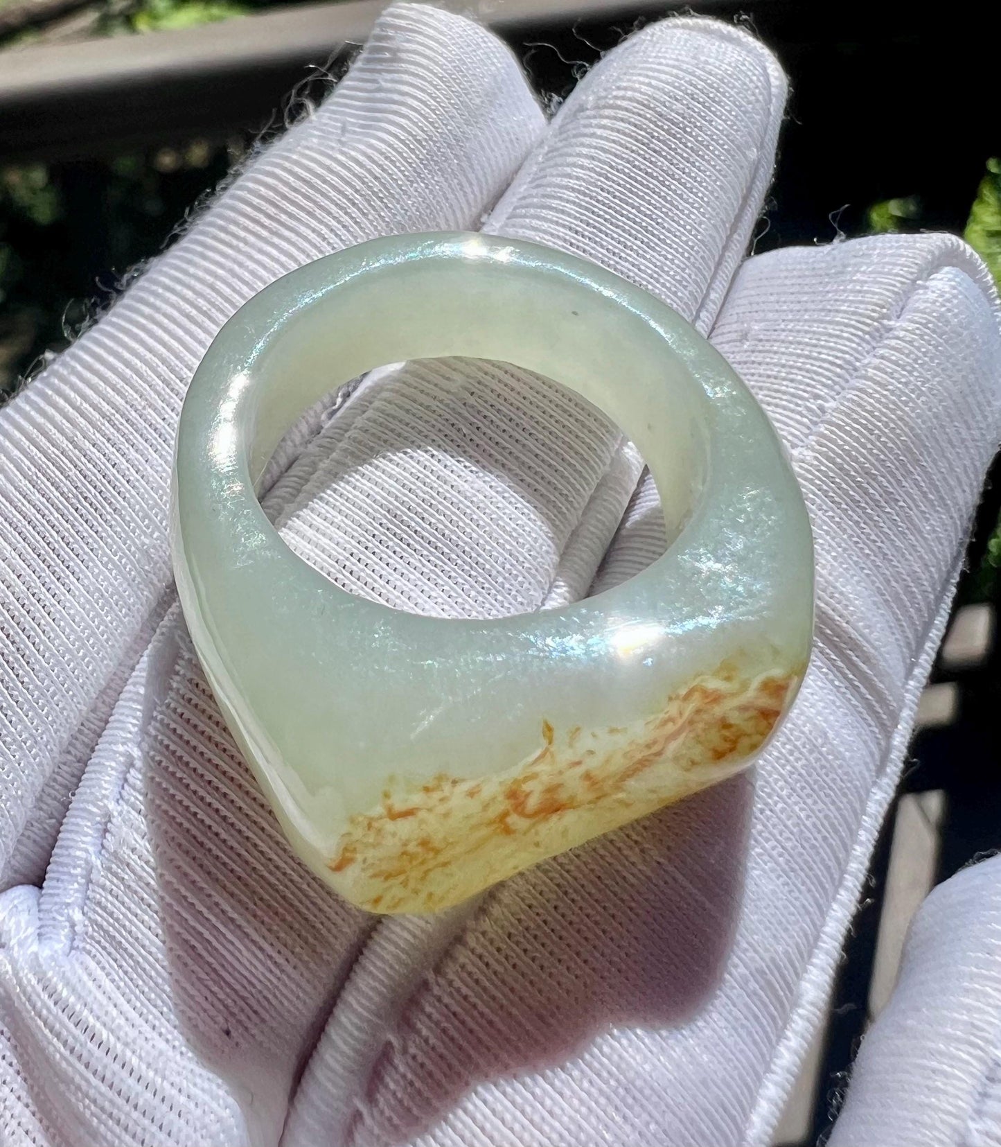 19.2mm Certified natural jade/River bluish white Nephrite ring / nephrite band ring 天然软玉 高青白子料扳指 指环/戒圈 马鞍戒#4202 US size 8 3/4 枣红原皮毛孔