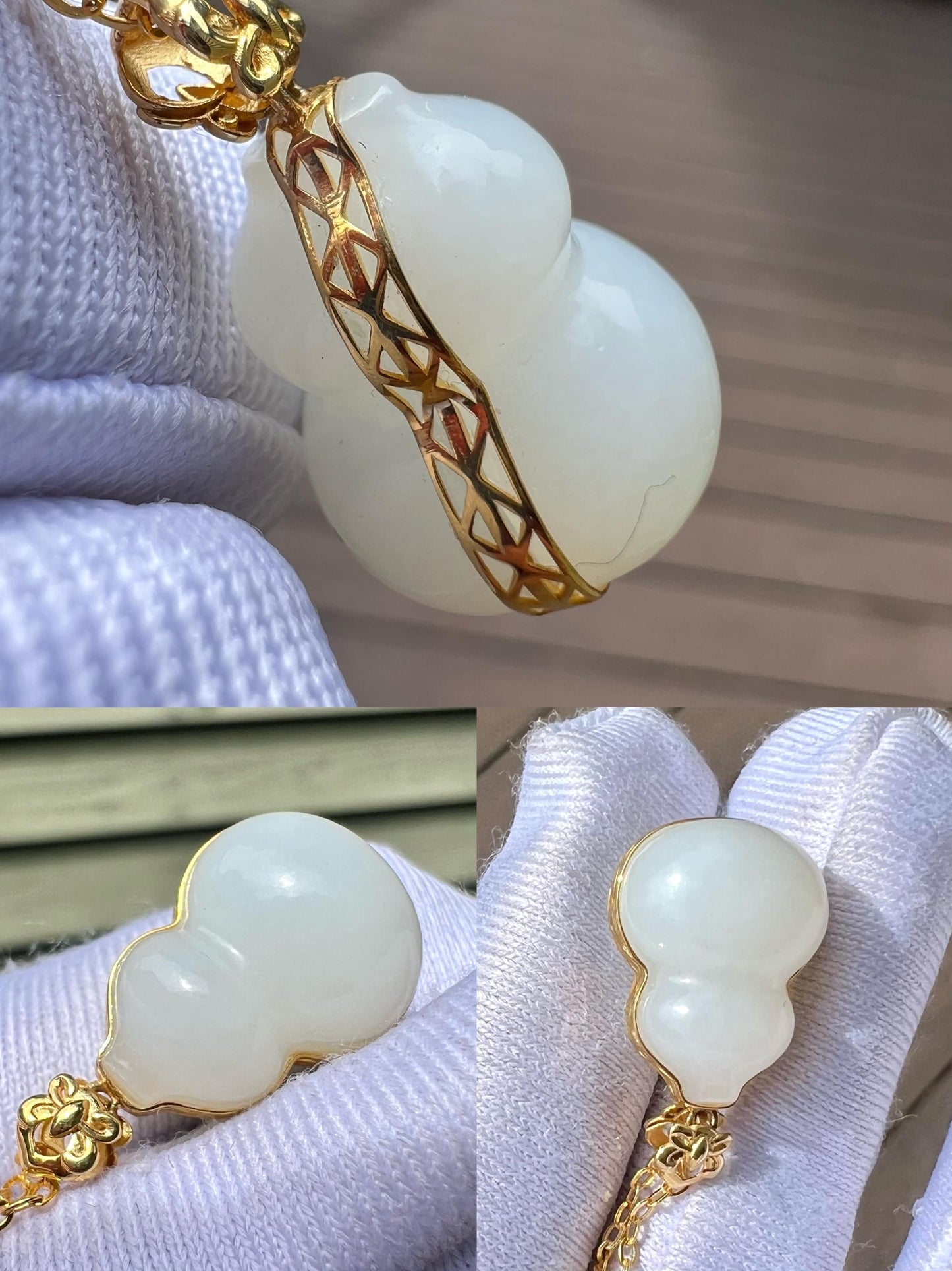 Certified natural jade/Siberian White Nephrite lucky gourd pendant/Mutton fat white nephrite pendant necklace/gold 18k天然精品软玉 俄料白玉葫芦 吊坠 18k金镶嵌 #7405 脂白