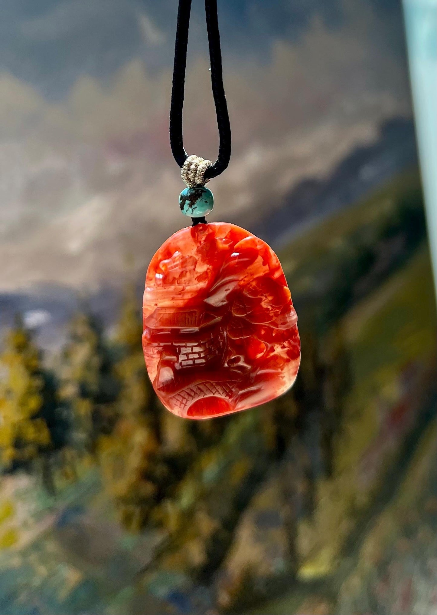 Certified natural Nanhong agate carved landscape Pendant necklace, Southern Red Agate Pendant,天然精品川料南红手工雕刻山水之间 吊坠 项链 #9441 红润