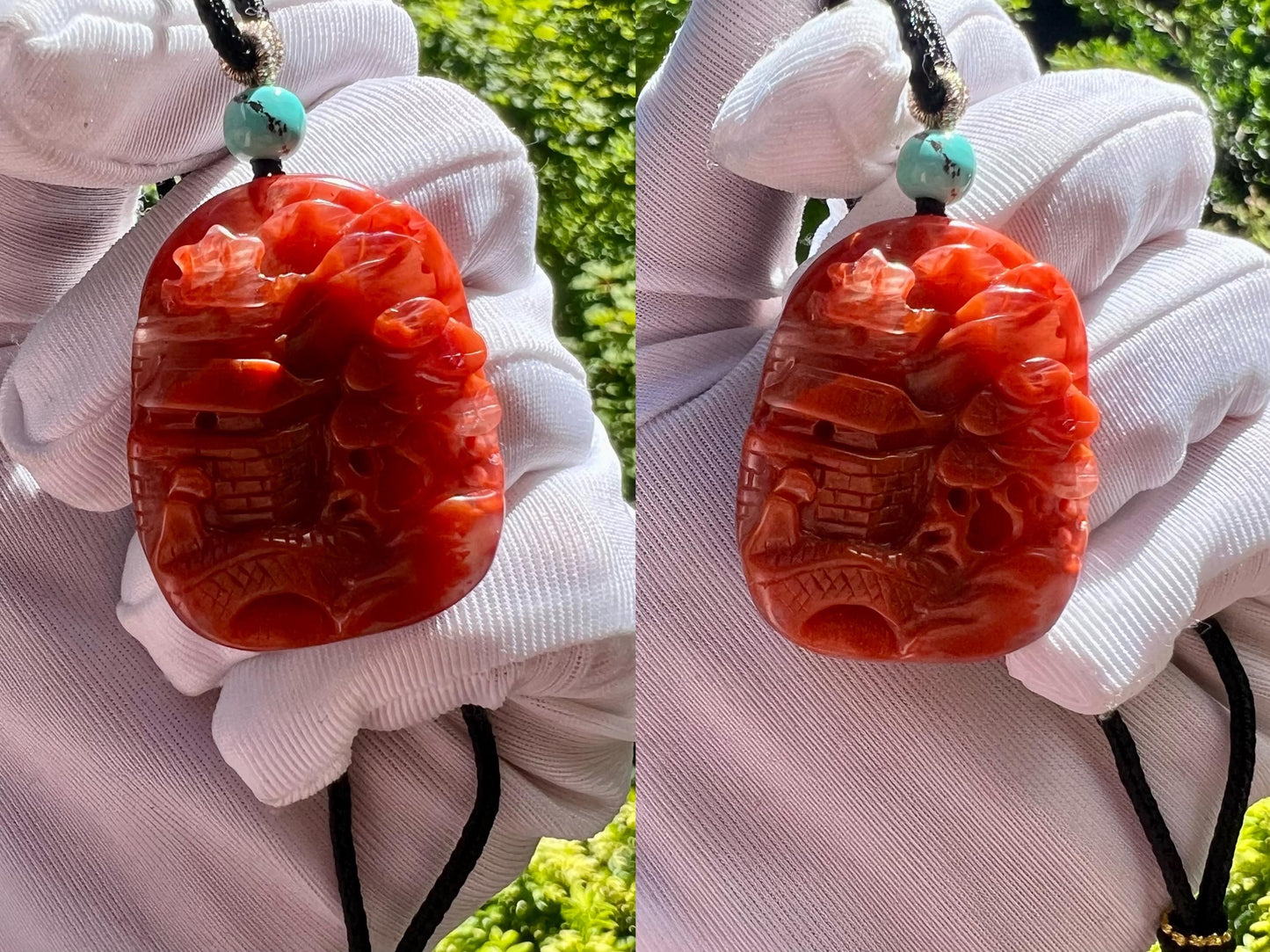 Certified natural Nanhong agate carved landscape Pendant necklace, Southern Red Agate Pendant,天然精品川料南红手工雕刻山水之间 吊坠 项链 #9441 红润