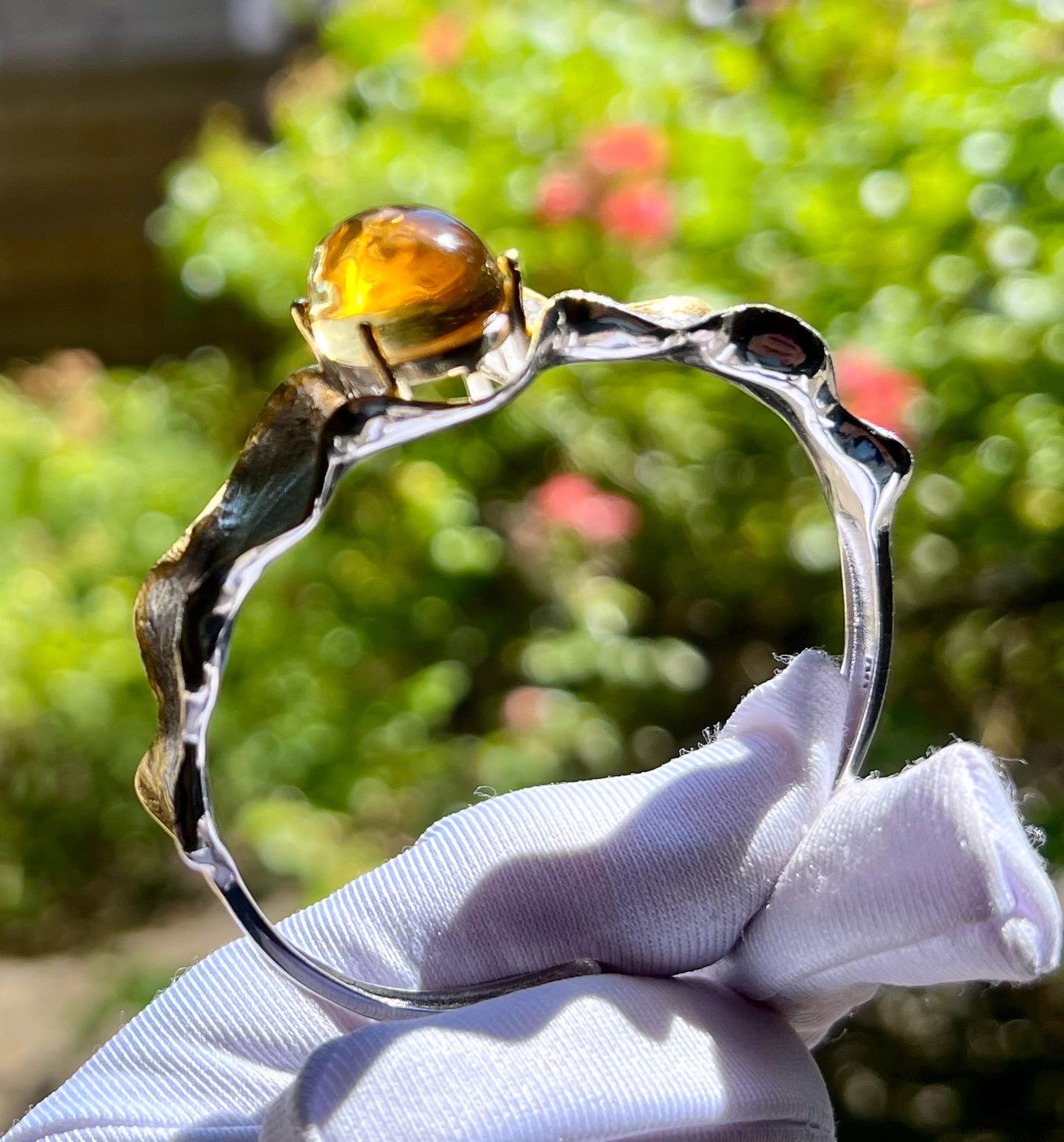 Certified natural Citrine bangle/oval shaped ring face Citrine/S925 open bangle/天然巴西黄水晶 椭圆大戒面 纯银手镯 开口镯#0859 净体黄水晶 意大利工艺纯银镶嵌