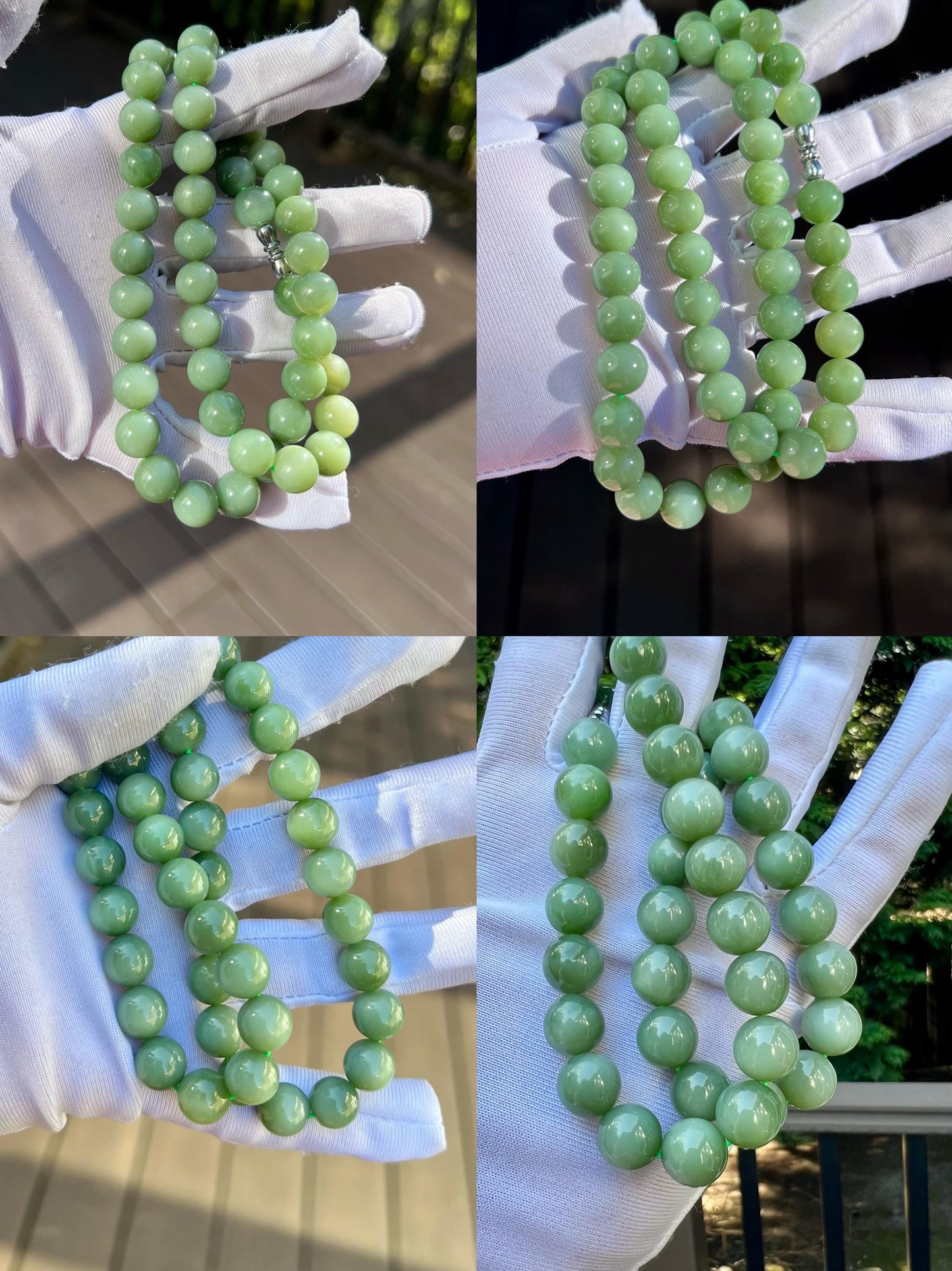 9.5mm Certified natural nephrite green jade/ bluish green nephrite necklace 天然精品软玉 碧玉项链 粉青起莹光 #3070 肉底 夹层料