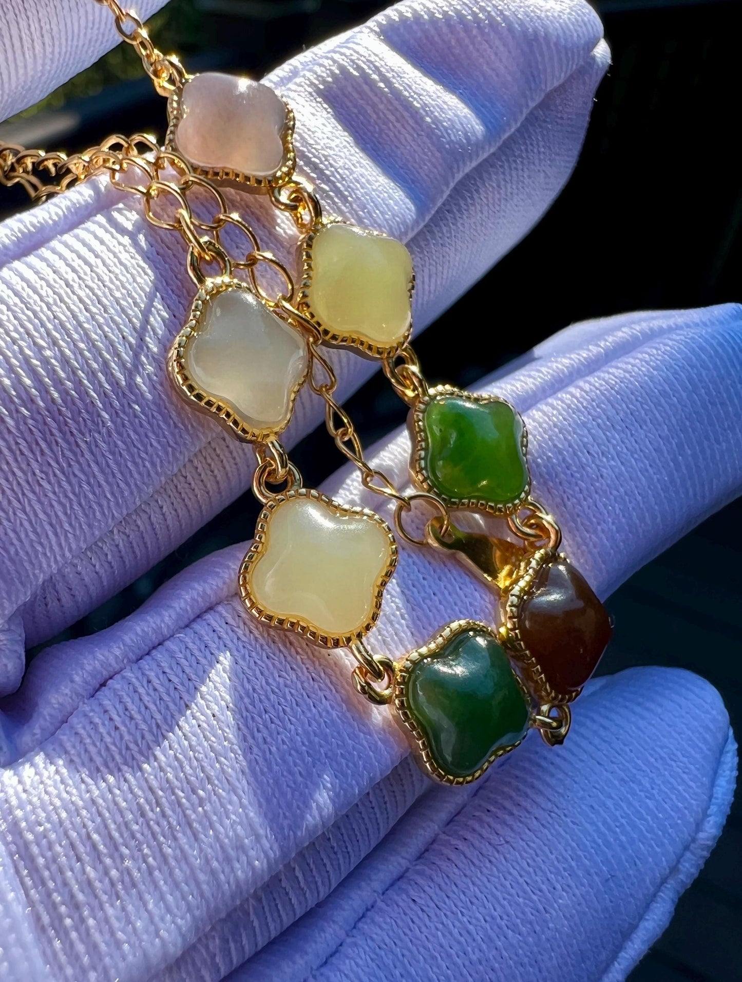 Certified natural Jade/multi color nephrite four leaf clover bracelet /green purple yellow nephrite inlaid S925 天然 碧玉糖玉黄玉烟紫 纯银多宝手链#0326