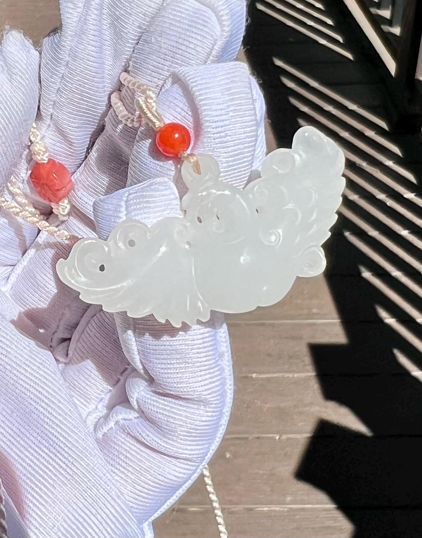 Certified natural jade/ white nephrite carved Phoenix pendant /necklace 天然精品软玉 白玉 雕刻凤凰吊坠 项链# 7716 熟白细糯