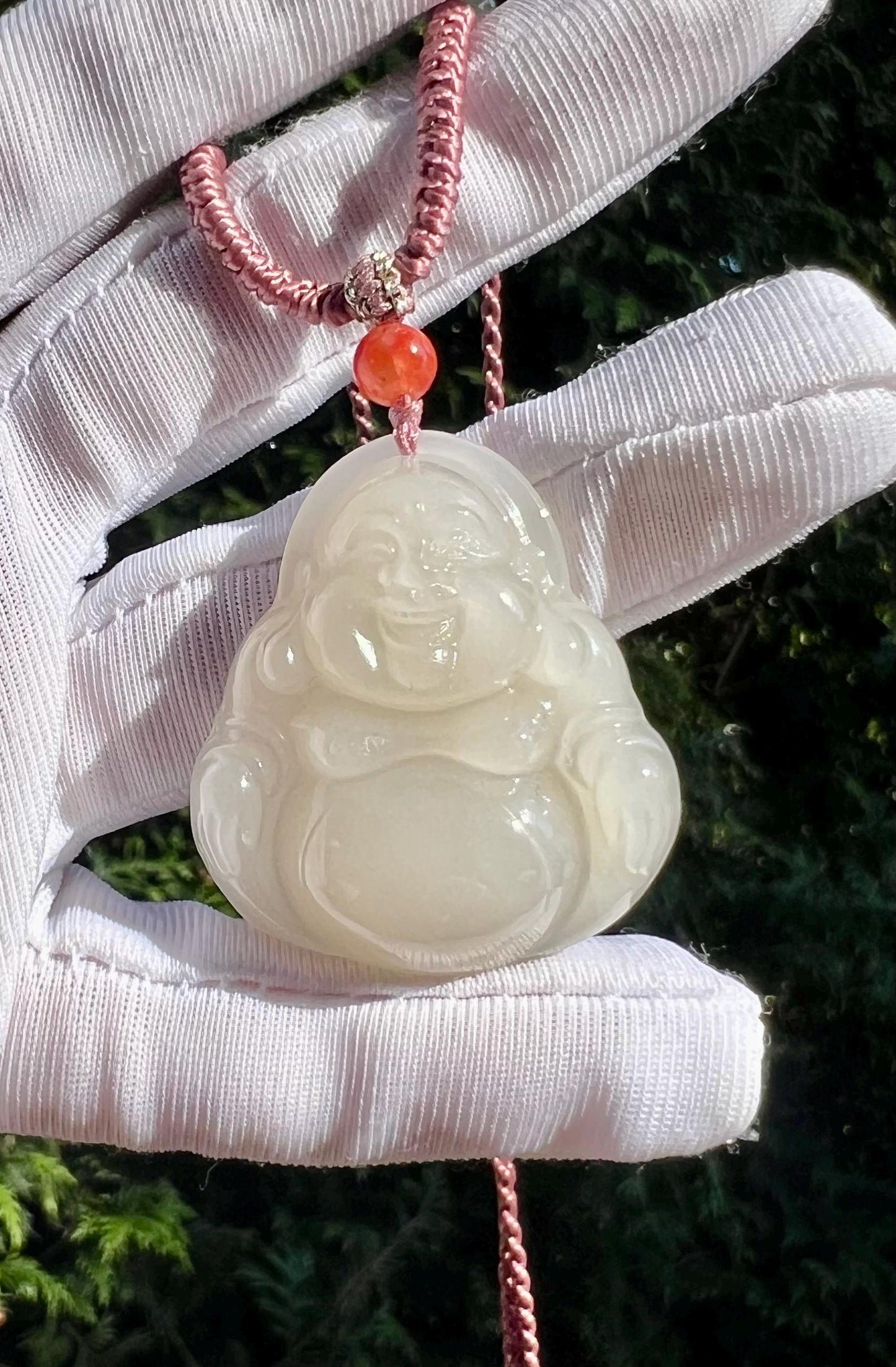 30mm+ Certified natural jade/lotus Nephrite carved Maitreya Buddha pendant/ necklace 天然软玉 藕粉佛公吊坠 笑佛 弥勒佛#7132 冰润浅粉色