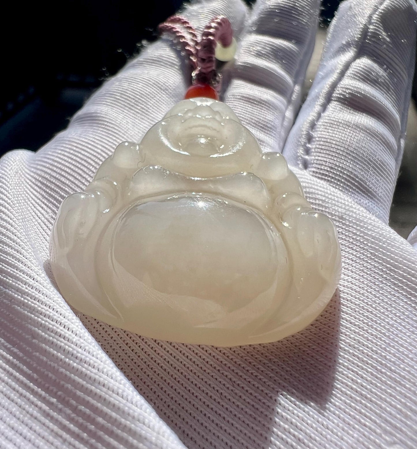 30mm+ Certified natural jade/lotus Nephrite carved Maitreya Buddha pendant/ necklace 天然软玉 藕粉佛公吊坠 笑佛 弥勒佛#7132 冰润浅粉色