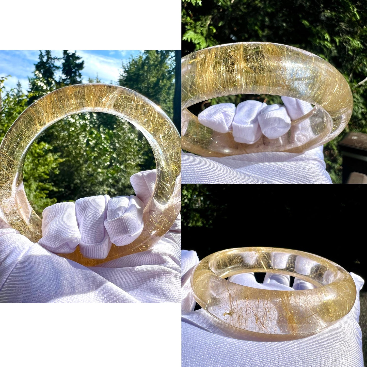 58.8mm Certified natural golden rutilated quartz bangle, Top clarity Golden hair Rutilated Quartz, 天然收藏精品 玻璃体金发晶手镯 发#9460 纯净白水体纯金色 满顺发 爆闪烟花