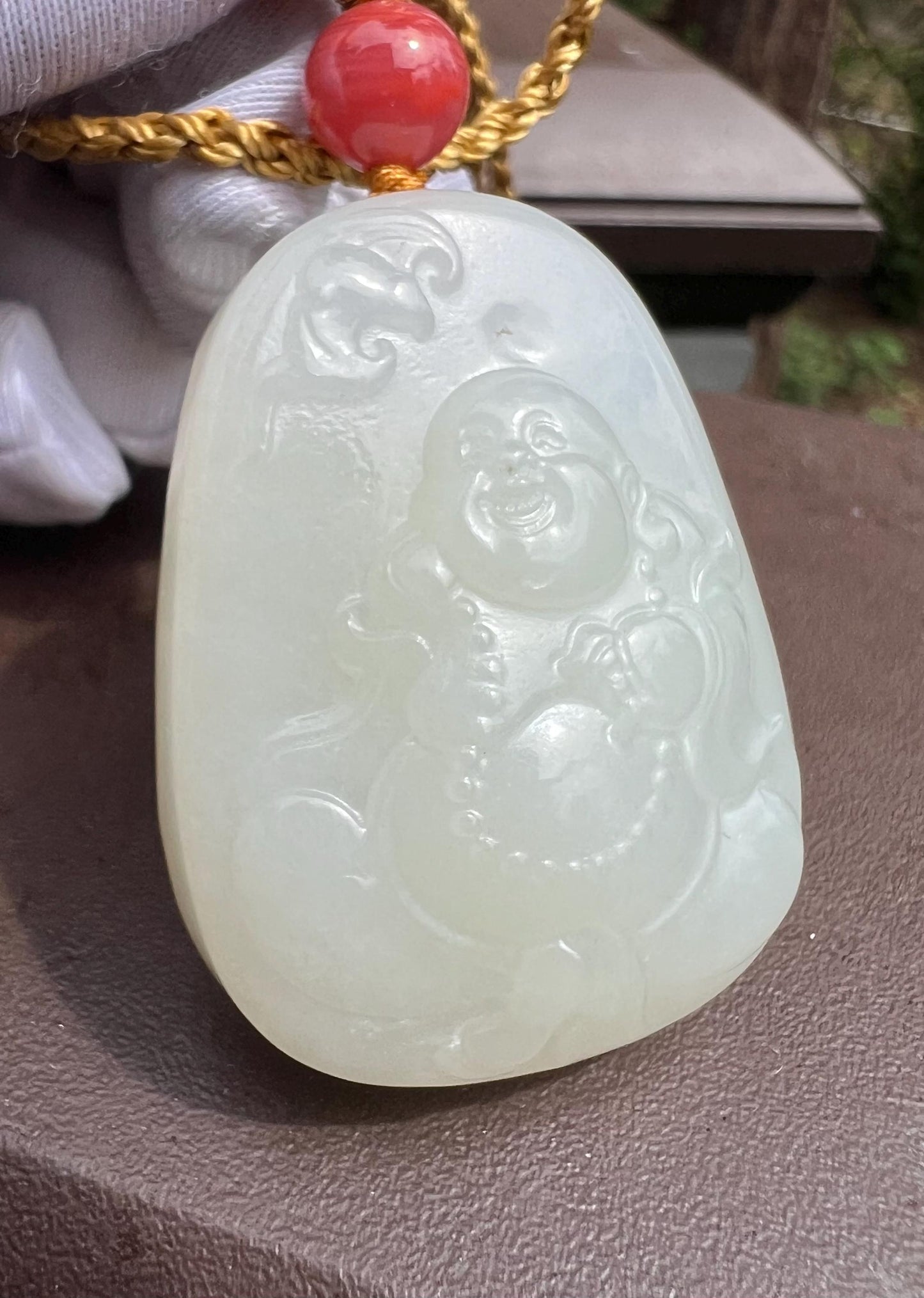 Certified natural jade/Qinghai white nephrite buddiha pendant/Hand carved Maitreya Buddha/warm white天然软玉 青海白玉佛公 弥勒佛 单面精工雕刻#7126 暖白 荔枝白