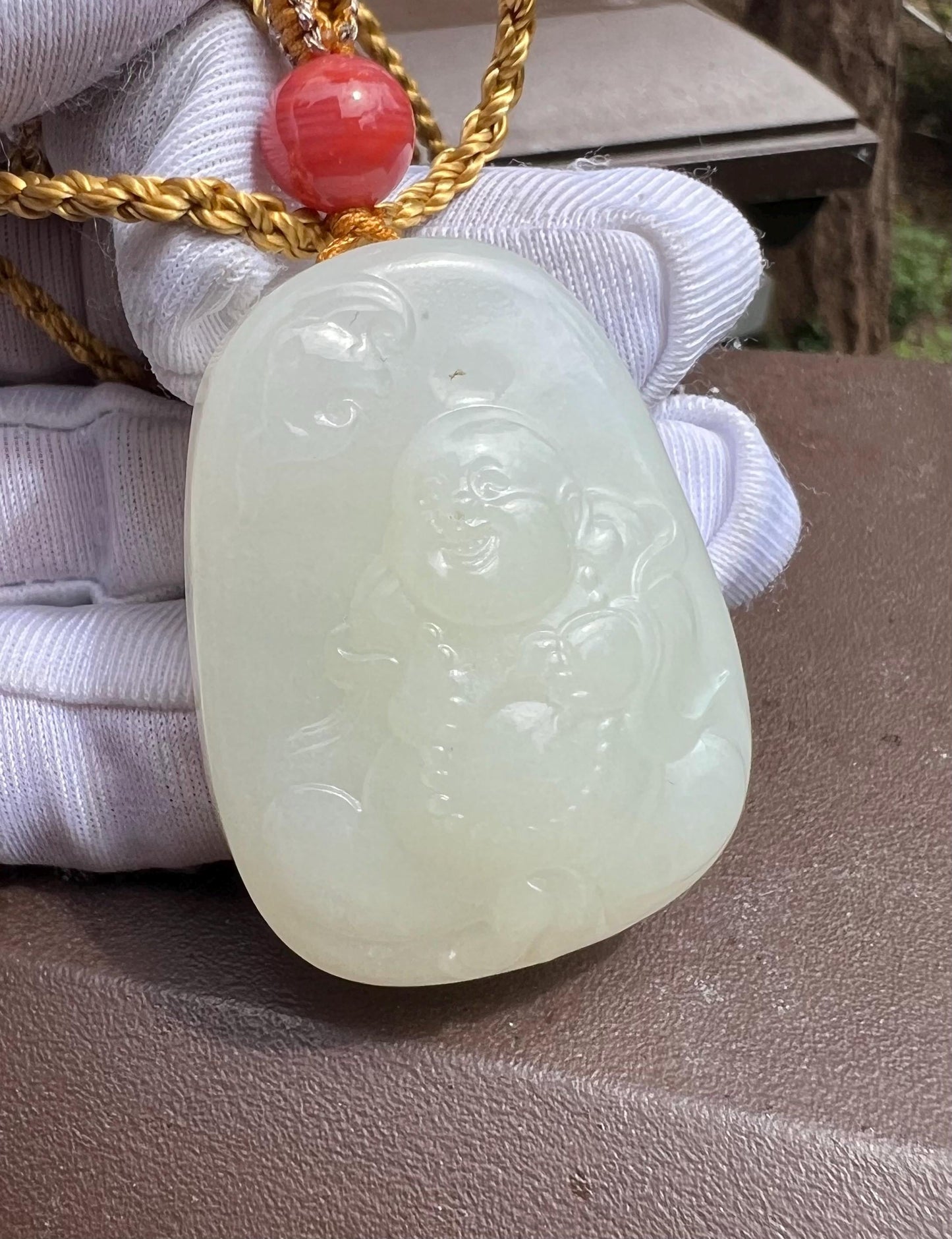Certified natural jade/Qinghai white nephrite buddiha pendant/Hand carved Maitreya Buddha/warm white天然软玉 青海白玉佛公 弥勒佛 单面精工雕刻#7126 暖白 荔枝白