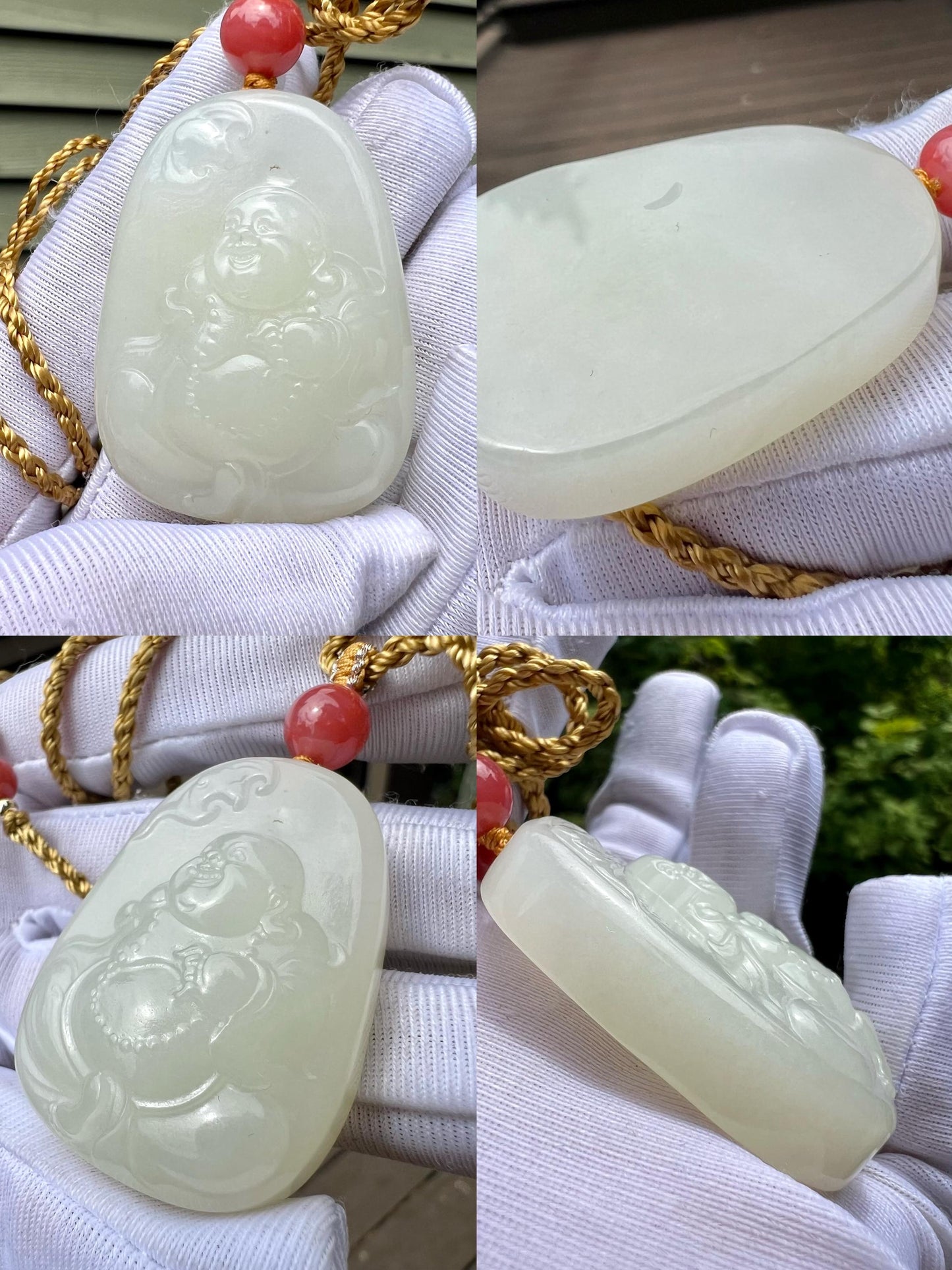 Certified natural jade/Qinghai white nephrite buddiha pendant/Hand carved Maitreya Buddha/warm white天然软玉 青海白玉佛公 弥勒佛 单面精工雕刻#7126 暖白 荔枝白