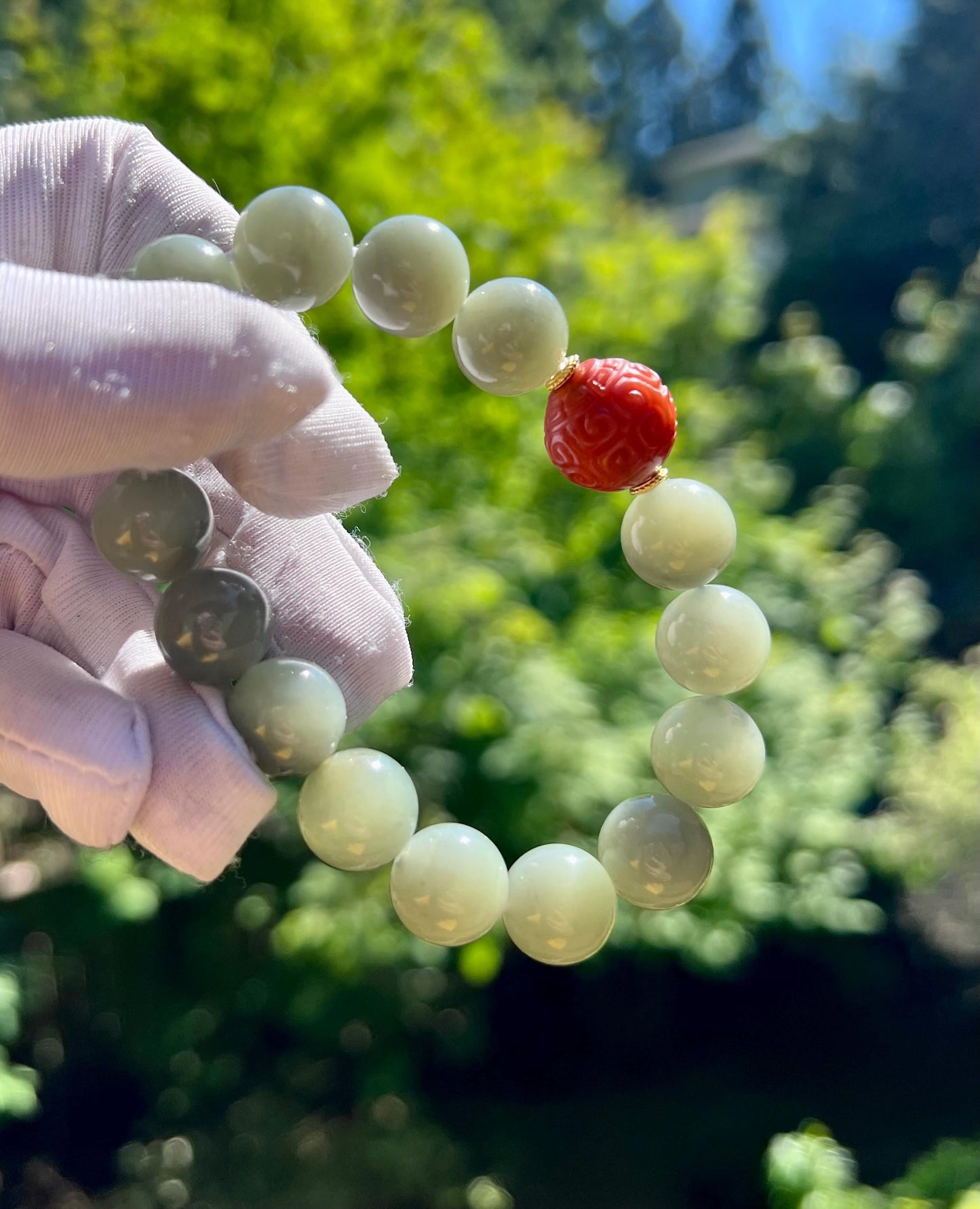 12mm Certified natural jade/Ruoqiang black and green nephrite/Qinghua nephrite beads bracelet/天然软玉 若羌绿底飘墨青花手串 搭配南红雕刻珠 #2907 细度好 油性佳