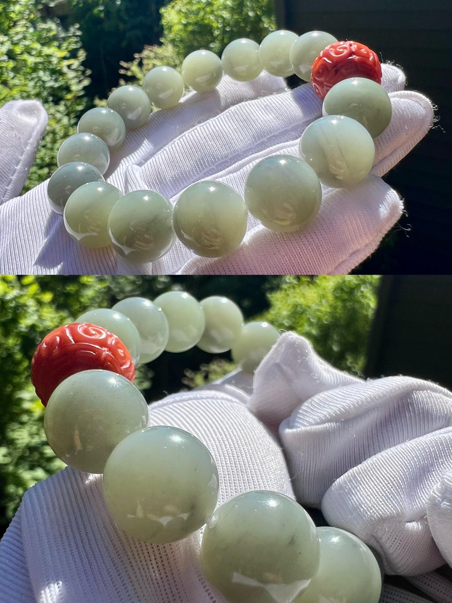 12mm Certified natural jade/Ruoqiang black and green nephrite/Qinghua nephrite beads bracelet/天然软玉 若羌绿底飘墨青花手串 搭配南红雕刻珠 #2907 细度好 油性佳