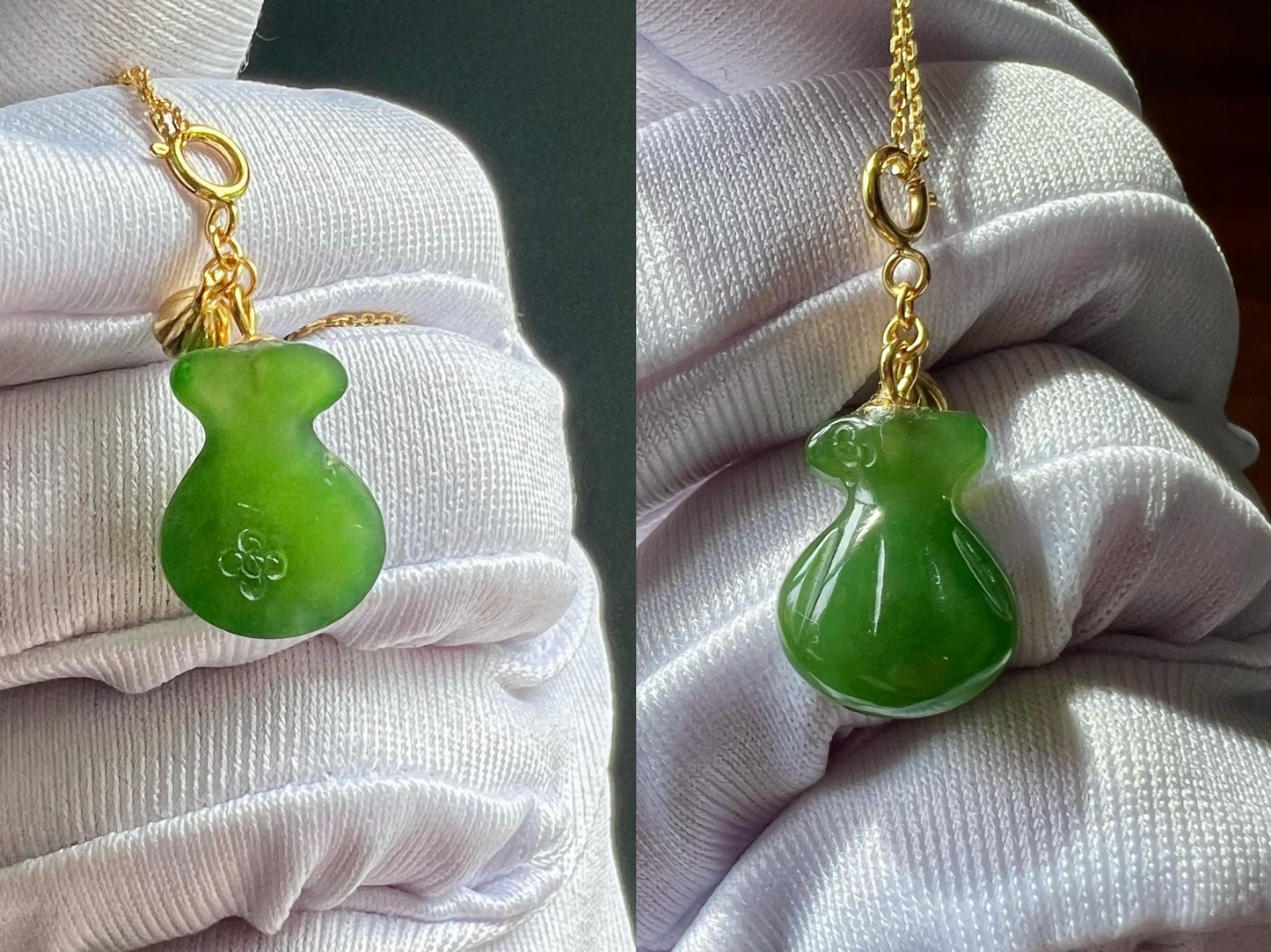 Certified natural nephrite green jade/rich green nephrite purse pendant necklace/lucky bag pendant天然软玉 碧玉阳绿 钱袋吊坠项链 纯银镶嵌福袋吊坠#4951