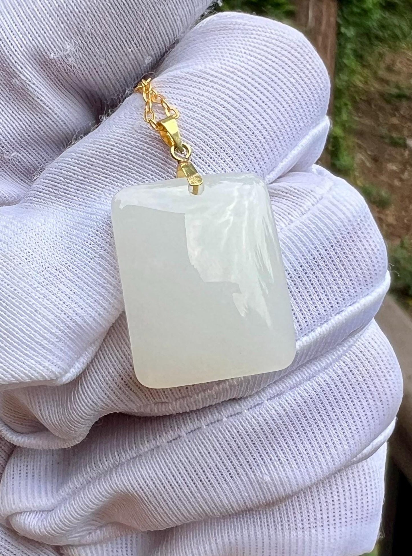 Certified natural jade/ Siberian white nephrite safety pendant necklace/rectangle nephrite nothing pendant /gold 18k 天然软玉 俄料白玉吊坠 小尺寸无事牌 #9279 暖白