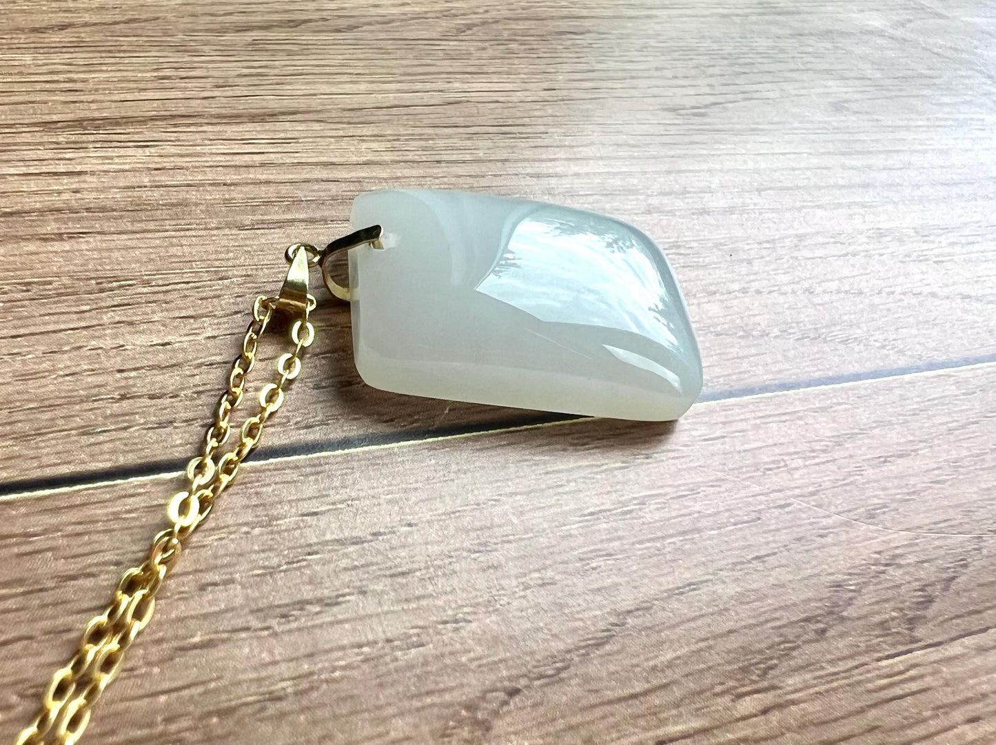 Certified natural jade/ Siberian white nephrite safety pendant necklace/rectangle nephrite nothing pendant /gold 18k 天然软玉 俄料白玉吊坠 小尺寸无事牌 #9279 暖白
