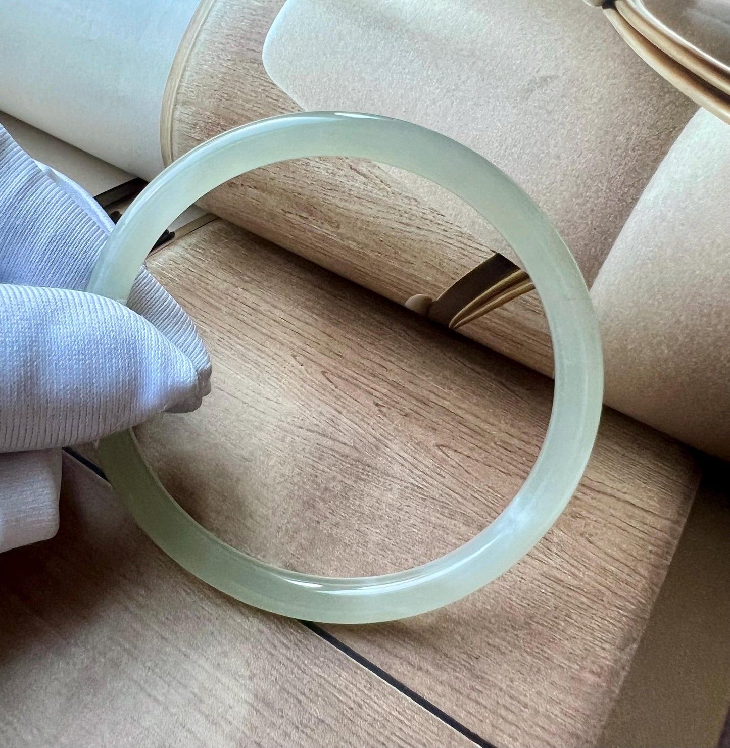 53.5mm Certified natural icy light green nephrite Bangle/Qingshui dangling bangle 天然软玉 冰晴水 细圆条手镯 叮当镯 冰润起莹光 #5403