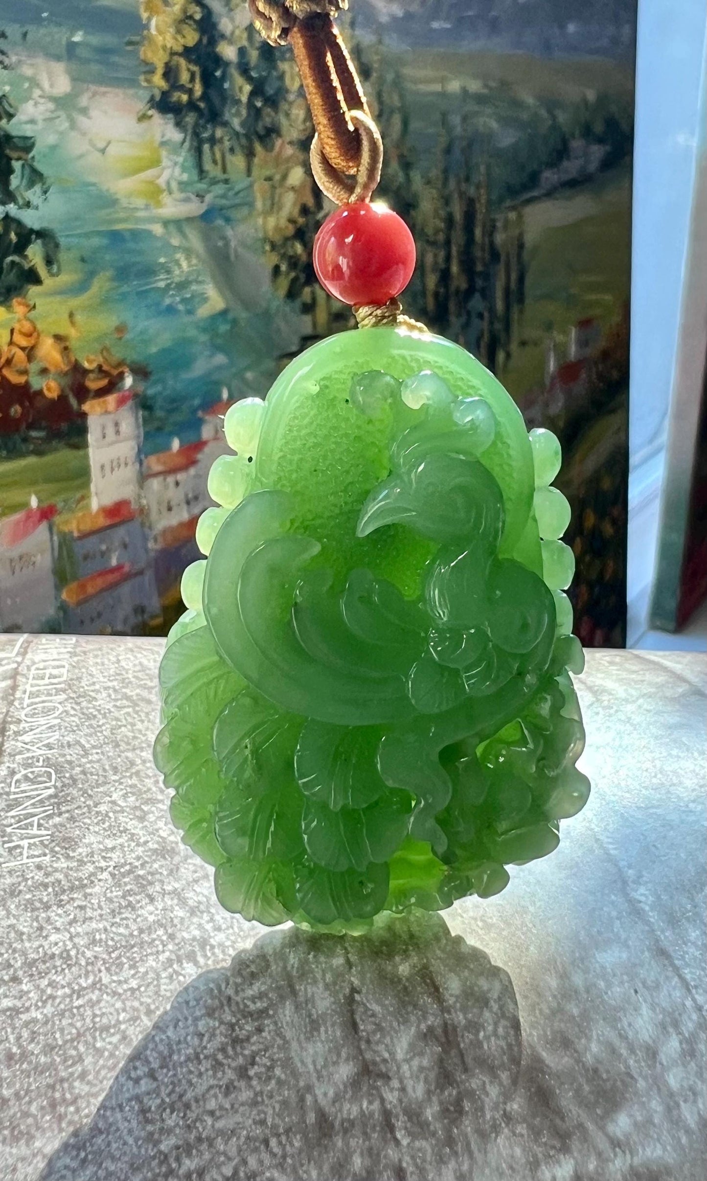 Certified natural nephrite green jade/green nephrite carved peacock pendant necklace/apple green nephrite 天然精品软玉 乌兰海碧玉 苹果绿 雕刻孔雀吊坠 #4870