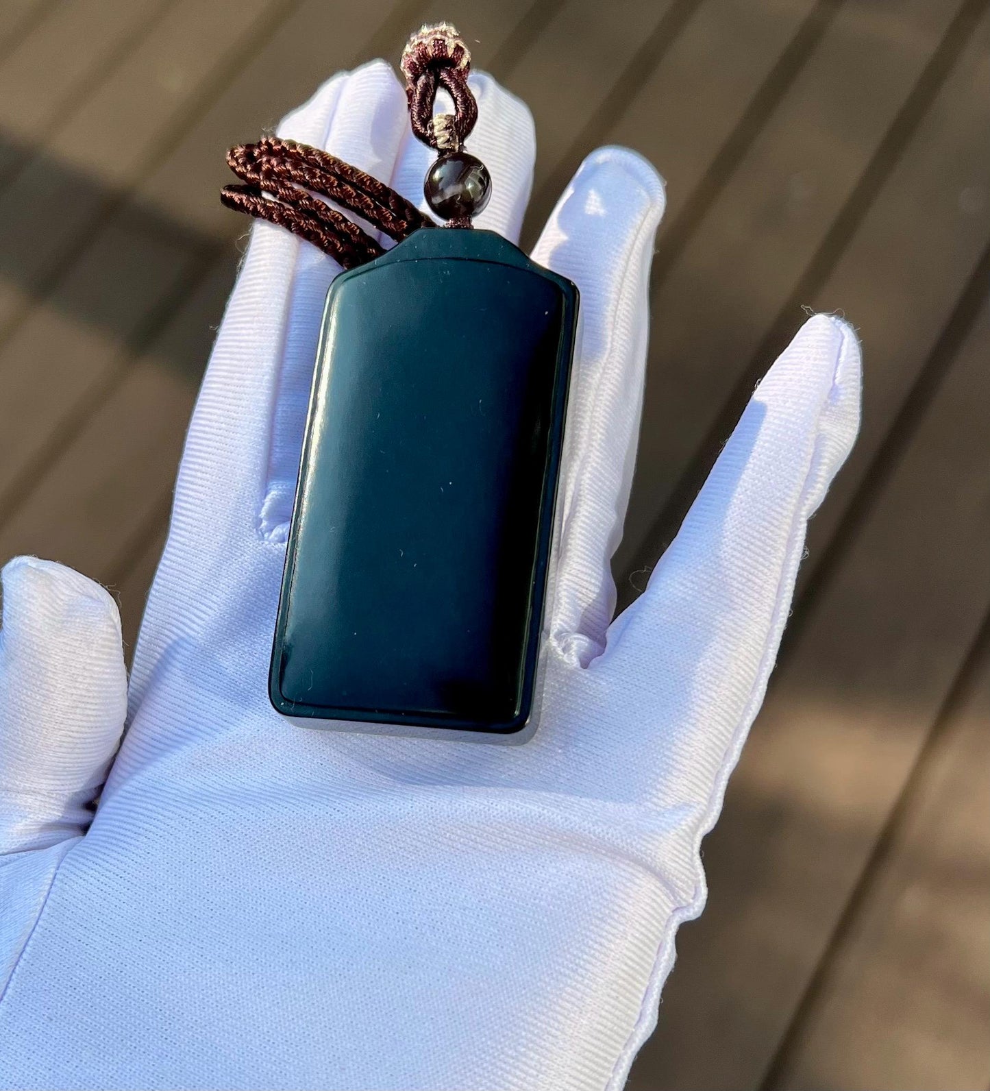 Certified natural river jade/oily black jade/dark nephrite safety nothing pendant/rectangle pendant 天然精品软玉 细料黑青玉吊坠 子料无事牌 #7484 黑、细、油