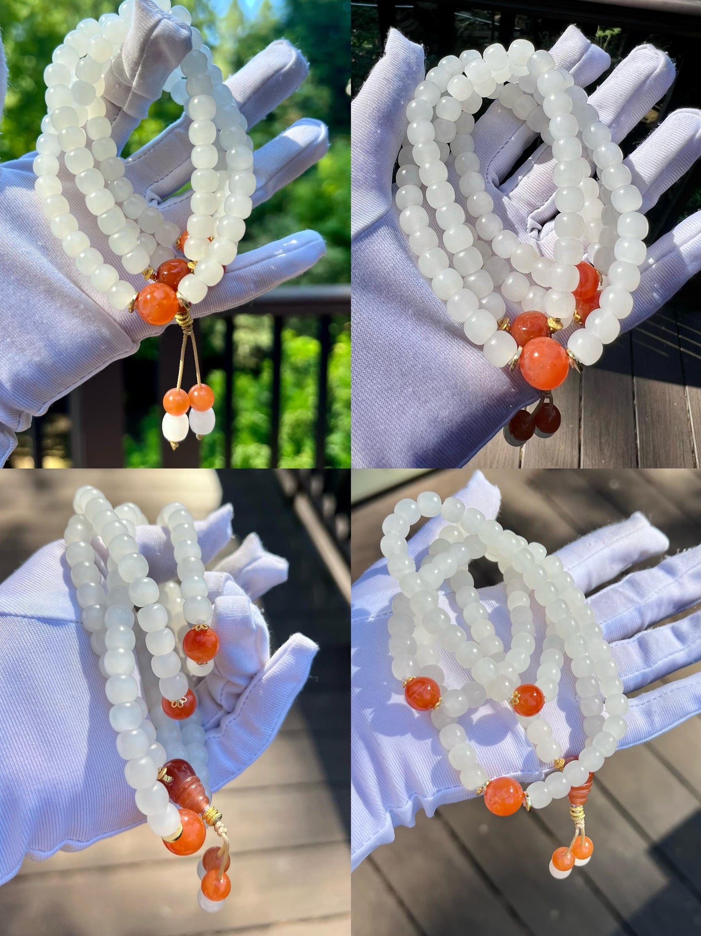 8*7mm Certified natural jade/Qinghai White nephrite necklace 108 beads/multi-wrap bracelet /with Nanhong agate 天然精品软玉 青海白玉项链 108 多用链/多圈手链#1263 冰润细白