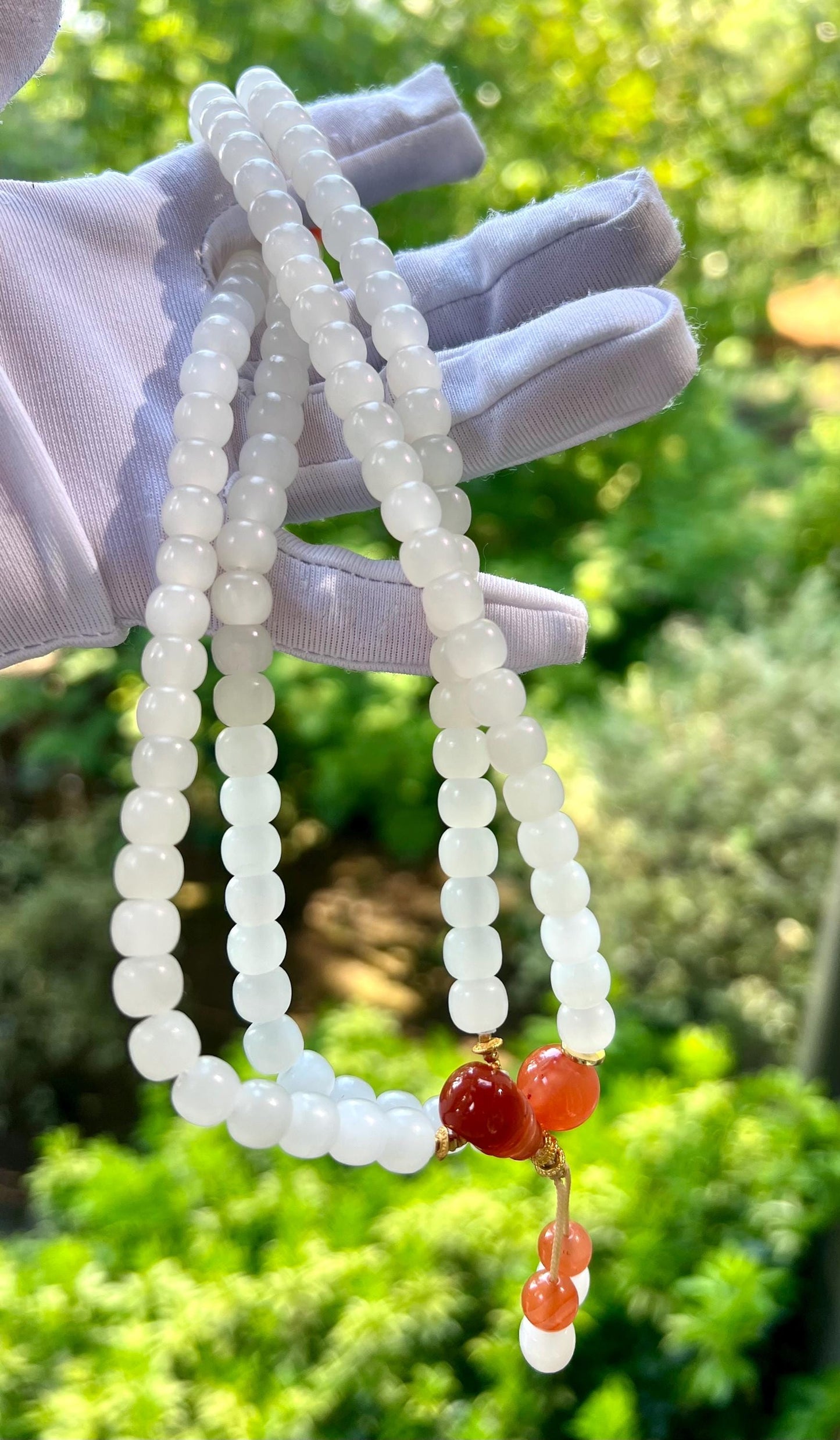 8*7mm Certified natural jade/Qinghai White nephrite necklace 108 beads/multi-wrap bracelet /with Nanhong agate 天然精品软玉 青海白玉项链 108 多用链/多圈手链#1263 冰润细白