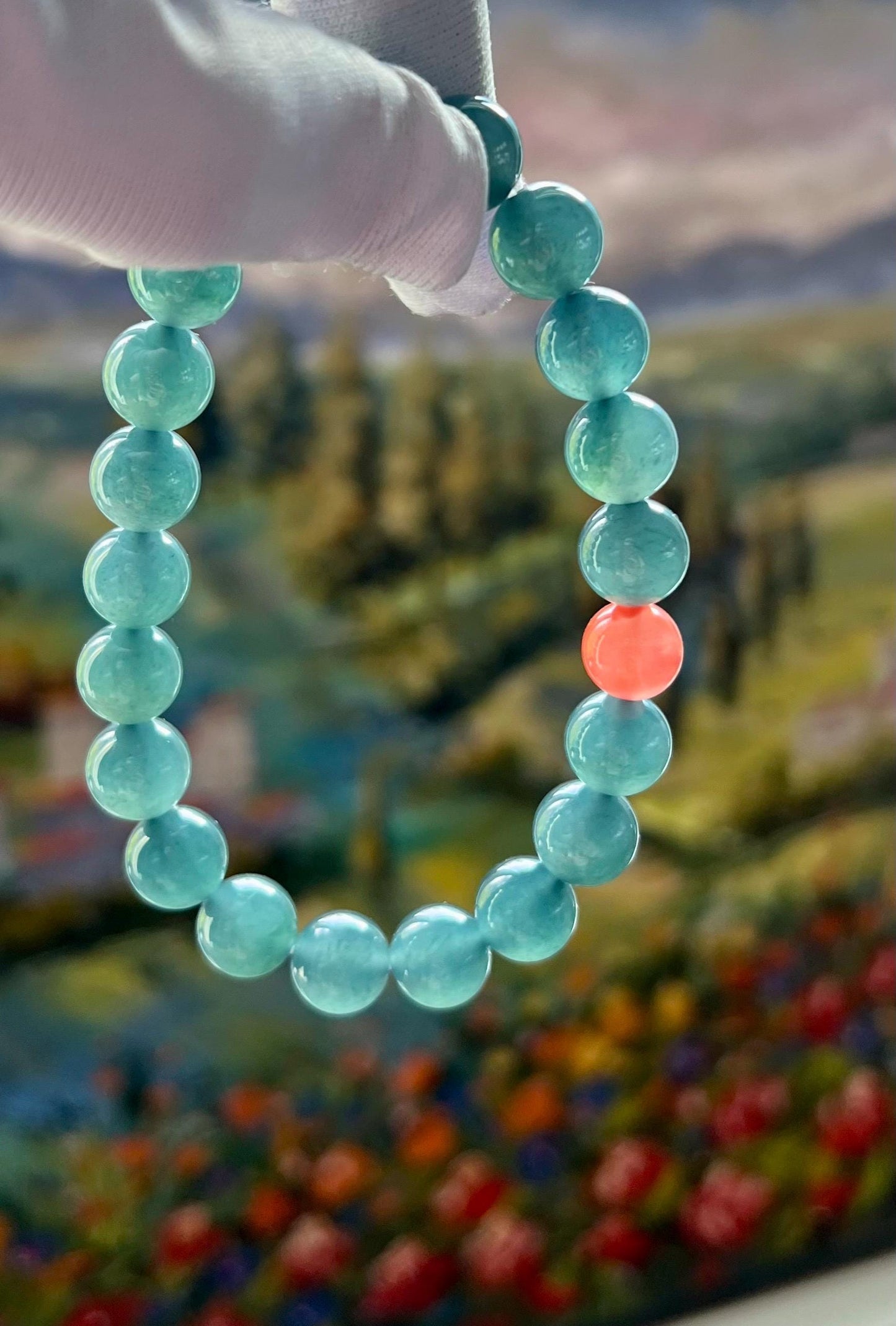 9.8mm Certified natural untreated Grade A Jade bracelet/Guatemala Jadeite bracelet/icy blue Jadiete 天然精品无优化冰种蓝水翡翠手串 刚性足 起胶起莹光#0570 湖蓝色