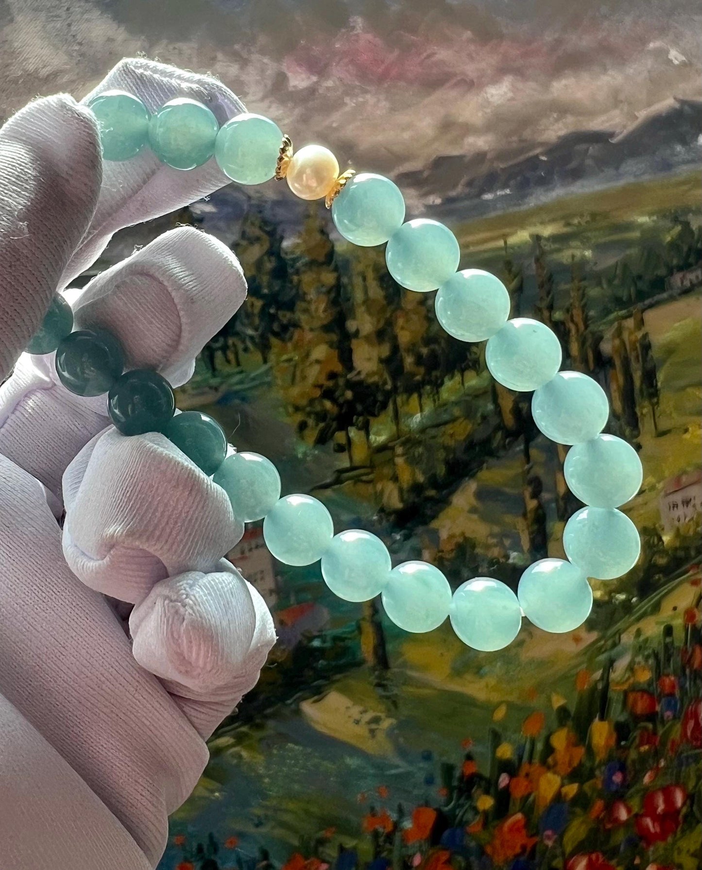 7.8mm Certified natural untreated Grade A Jade bracelet/Guatemala Jadeite bracelet/icy blue Jadiete 天然精品无优化冰种蓝水翡翠手串 起胶起莹光#0176 晴水蓝
