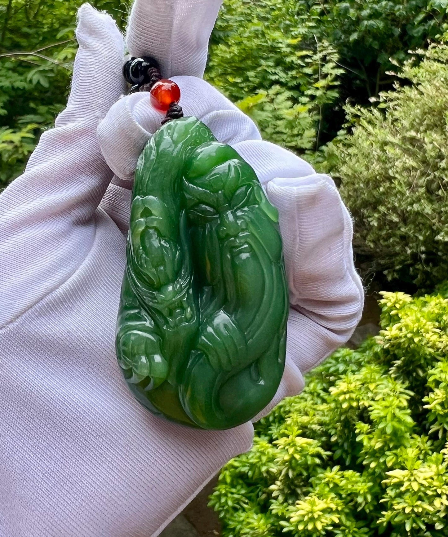 Certified natural nephrite green jade/Siberian green nephrite carved GuanGong dragon pendant necklace/rich bright green 天然精品软玉 俄料碧玉 关公武财神吊坠 #0628浓粉阳绿