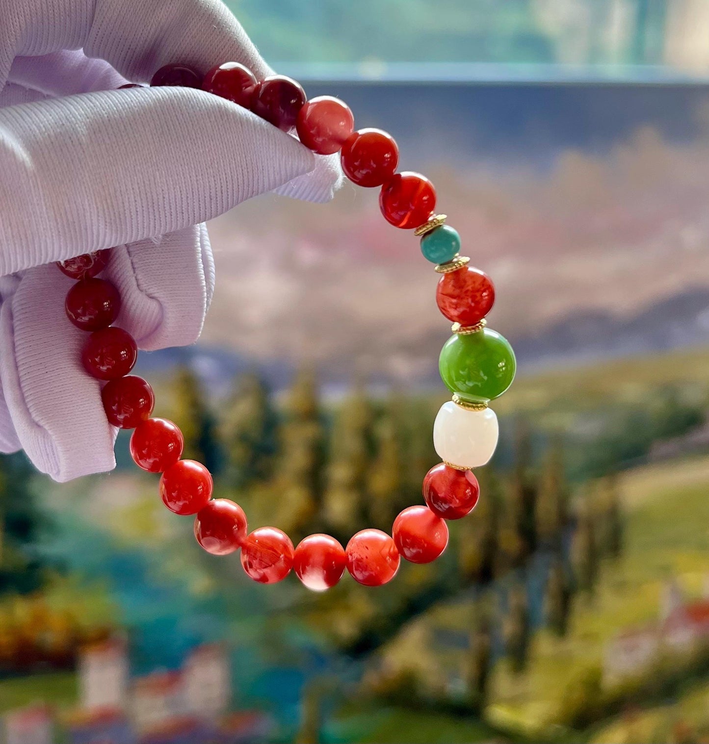 7.4mm Certified natural Nanhong agate/Sichuan Waxi, Southern Red Agate, Chinese Red Agate 天然精品南红玛瑙 四川瓦西 柿子红玫瑰红双色 火焰纹手串#1775 搭配碧玉 白玉 绿松石