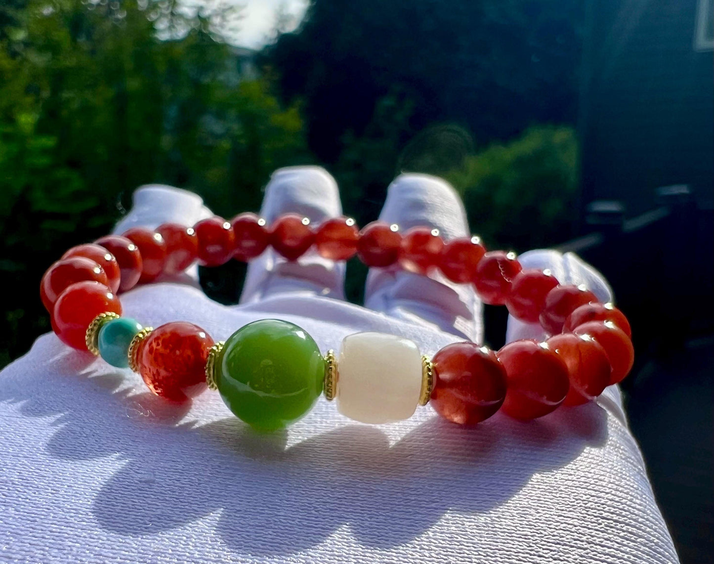 7.4mm Certified natural Nanhong agate/Sichuan Waxi, Southern Red Agate, Chinese Red Agate 天然精品南红玛瑙 四川瓦西 柿子红玫瑰红双色 火焰纹手串#1775 搭配碧玉 白玉 绿松石