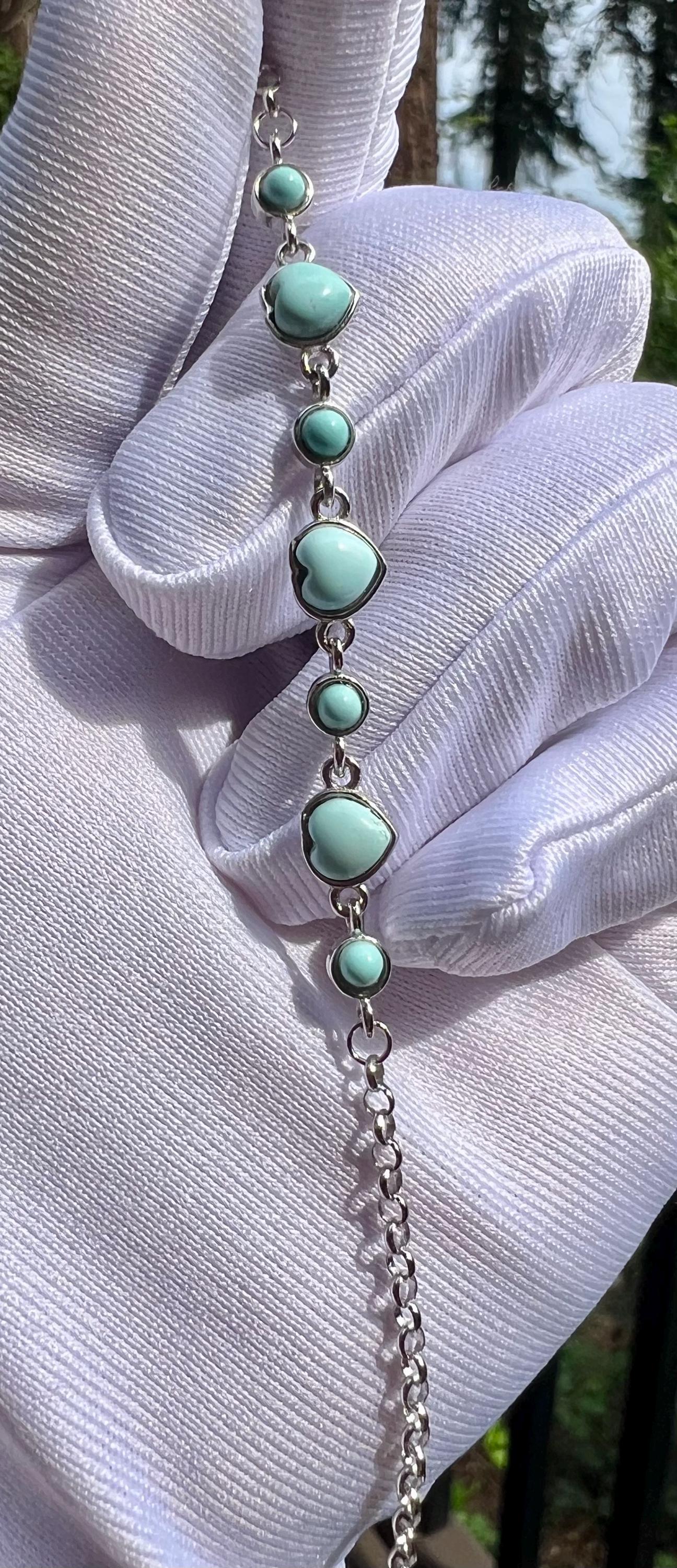Certified natural turquoise bracelet/Hubei light blue heart shaped turquoise inlaid sterling silver bracelet / 天然 湖北绿松石 纯银手链 #0853 浅蓝爱心