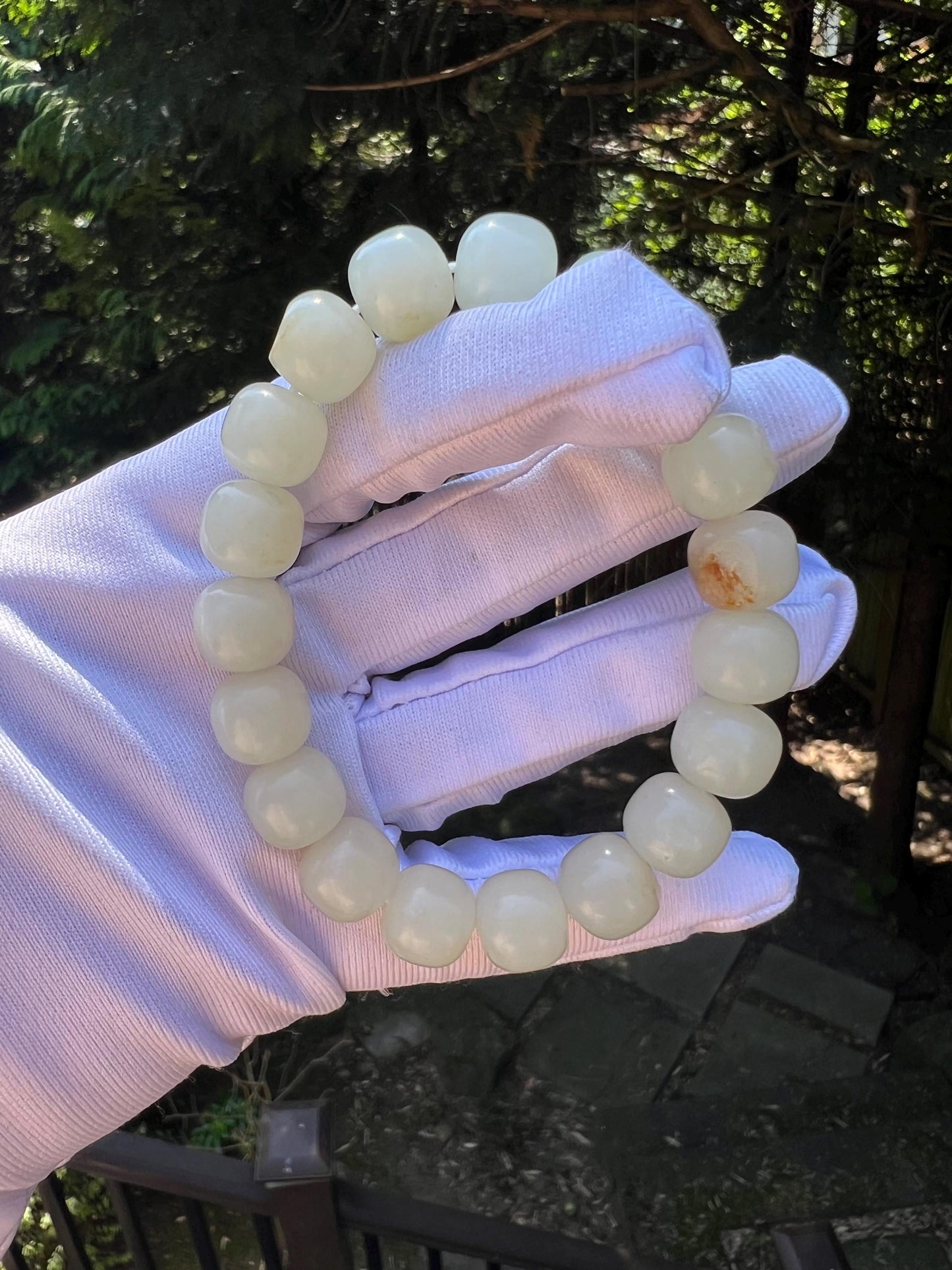Certified natural jade white Nephrite bracelet/ river jade/warm white/barrel beads 天然软玉 子料白玉 手串 老型珠暖白#7290 原皮毛孔