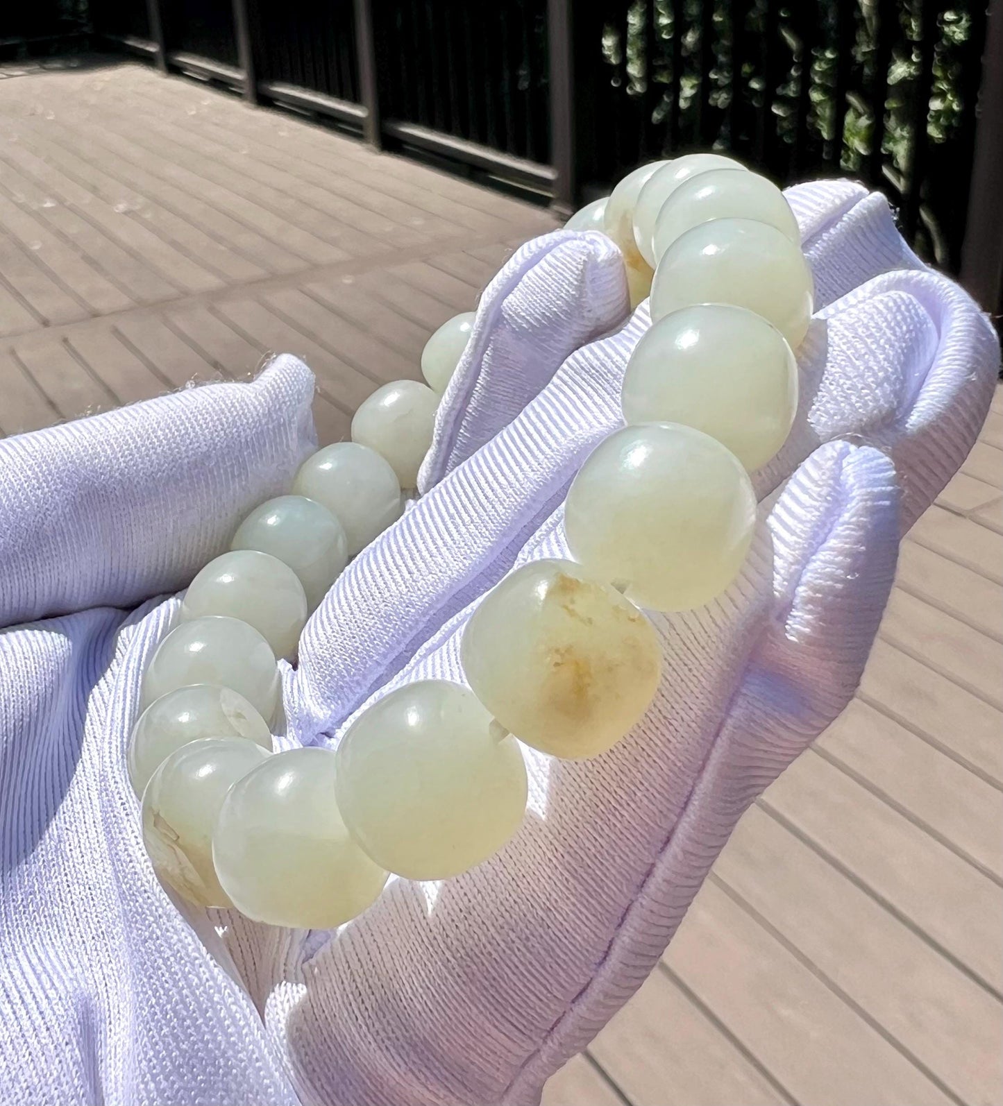 Certified natural jade white Nephrite bracelet/ river jade/warm white/barrel beads 天然软玉 子料白玉 手串 老型珠暖白#7290 原皮毛孔