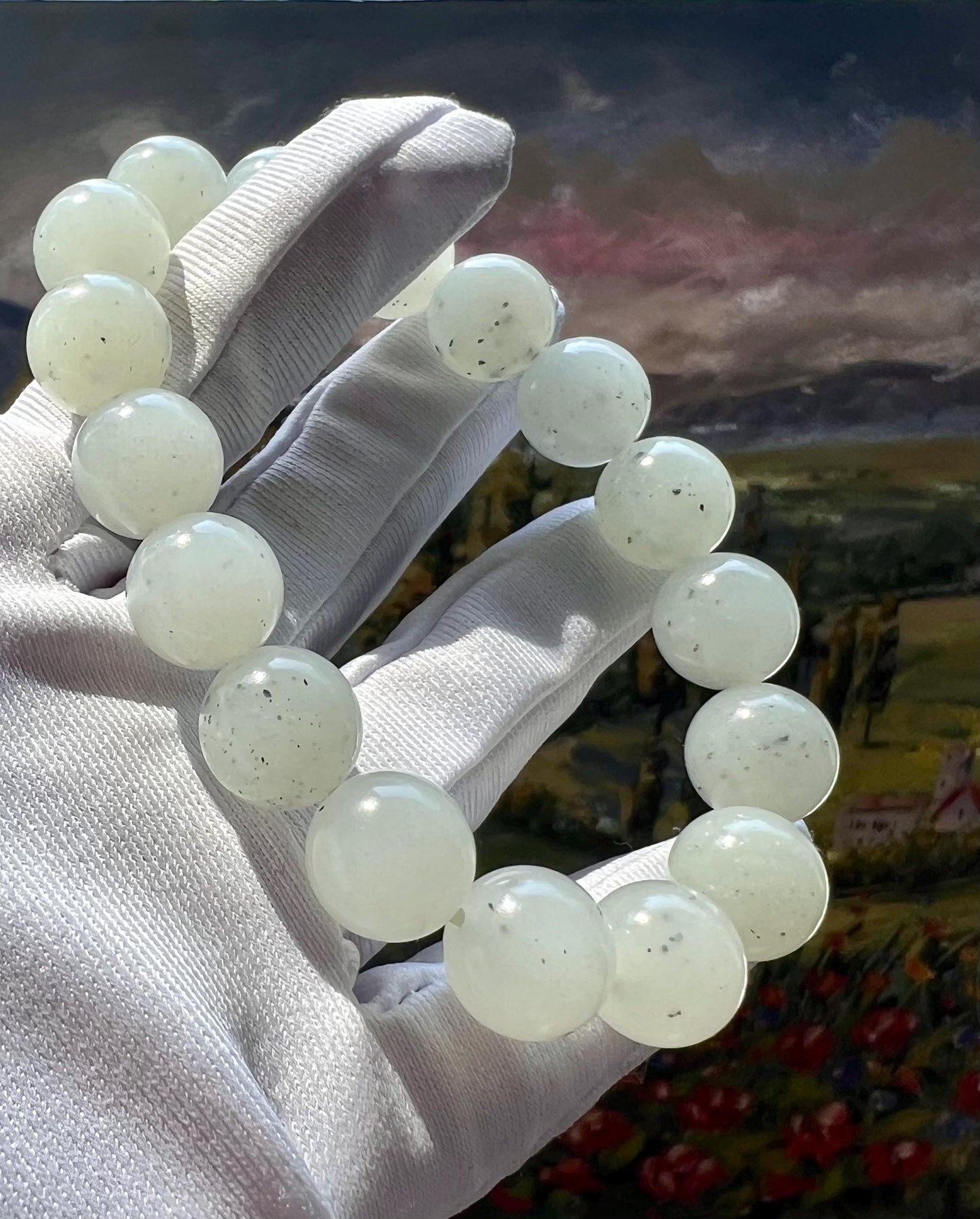 12.1mm Certified natural jade white Nephrite with Ink-dotted Qinghua bracelet/Heishan oily white nephrite/Good whiteness 天然软玉 点墨青花白玉 圆珠手串 #1180 油白细润