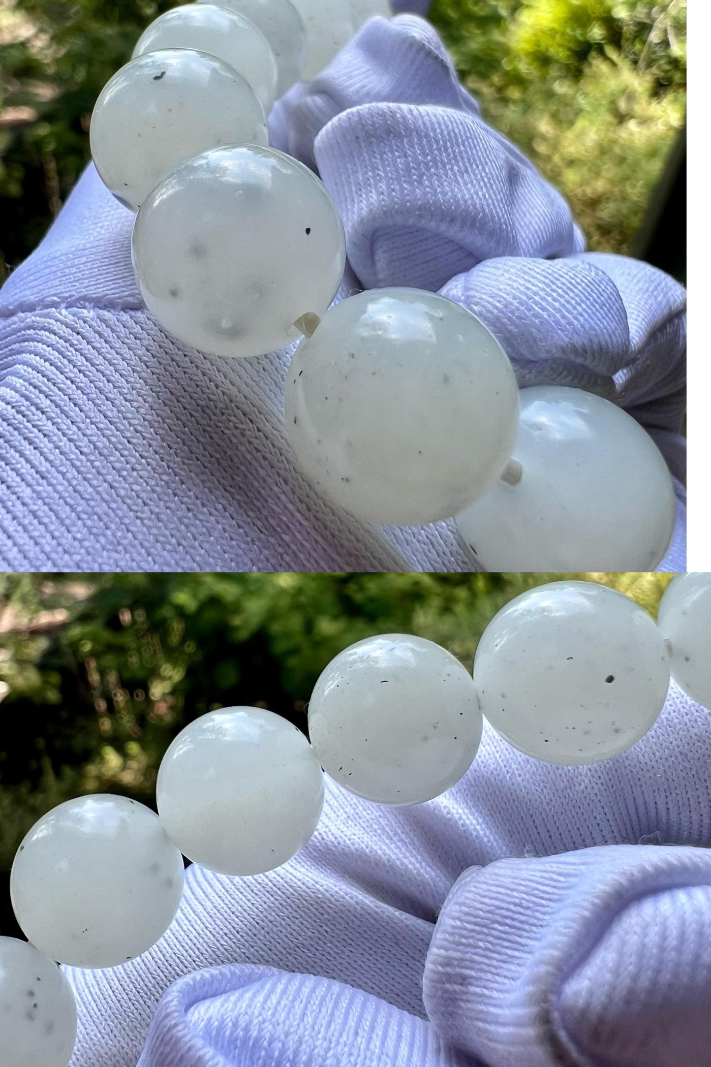 12.1mm Certified natural jade white Nephrite with Ink-dotted Qinghua bracelet/Heishan oily white nephrite/Good whiteness 天然软玉 点墨青花白玉 圆珠手串 #1180 油白细润